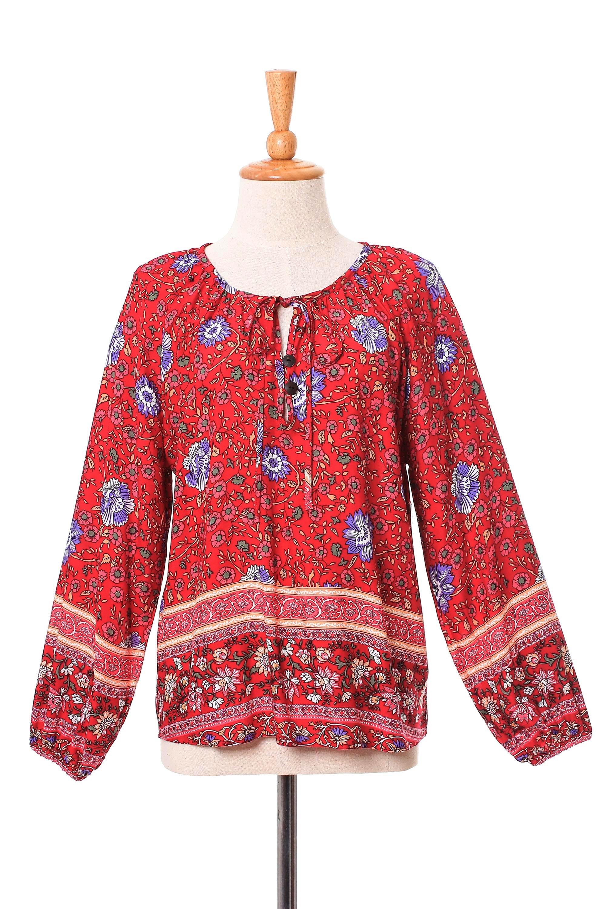 Poppy Garden Floral Rayon Blouse in Poppy Crafted in Thailand