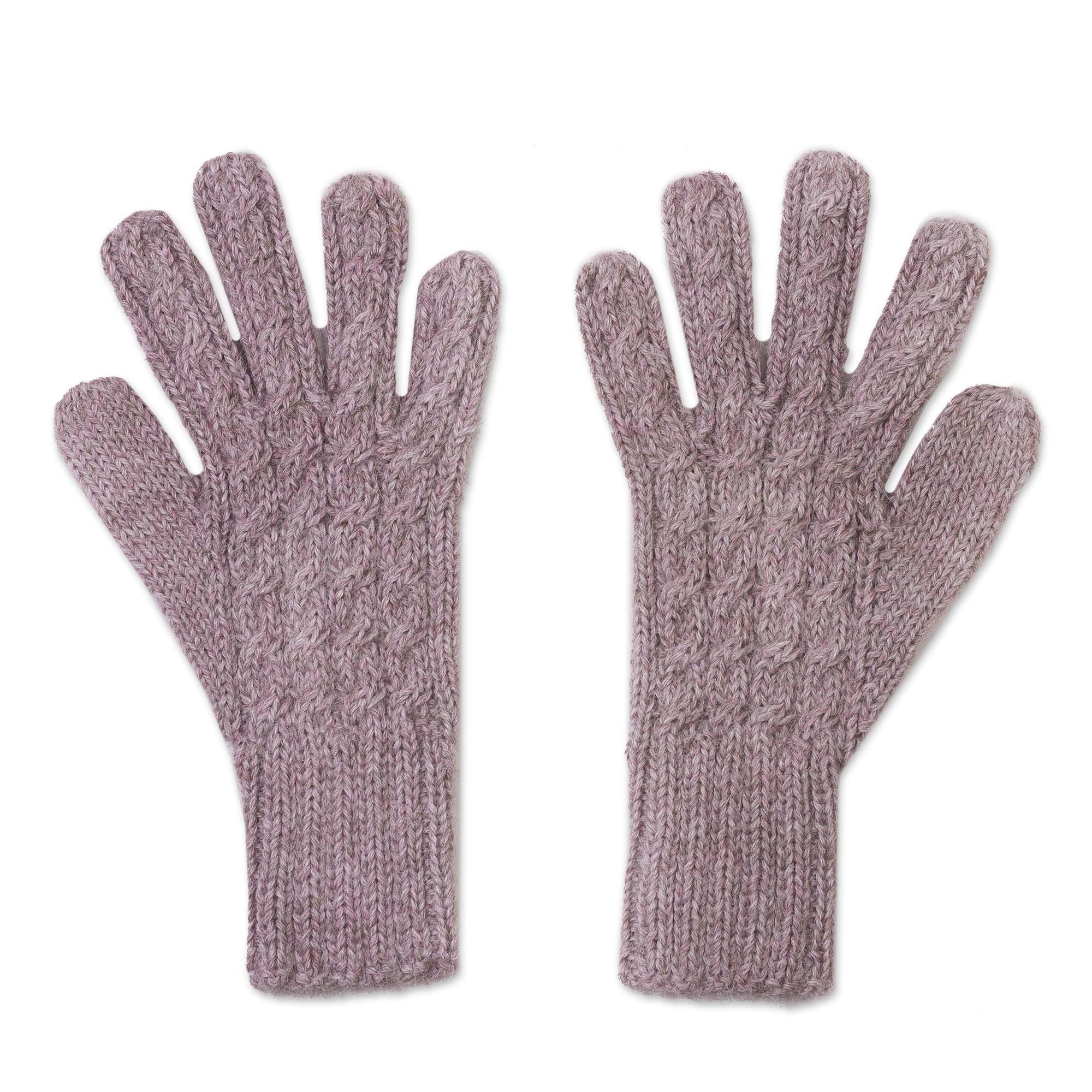 'Winter Delight in Light Mauve' Cable Knit 100% Alpaca Gloves from Peru