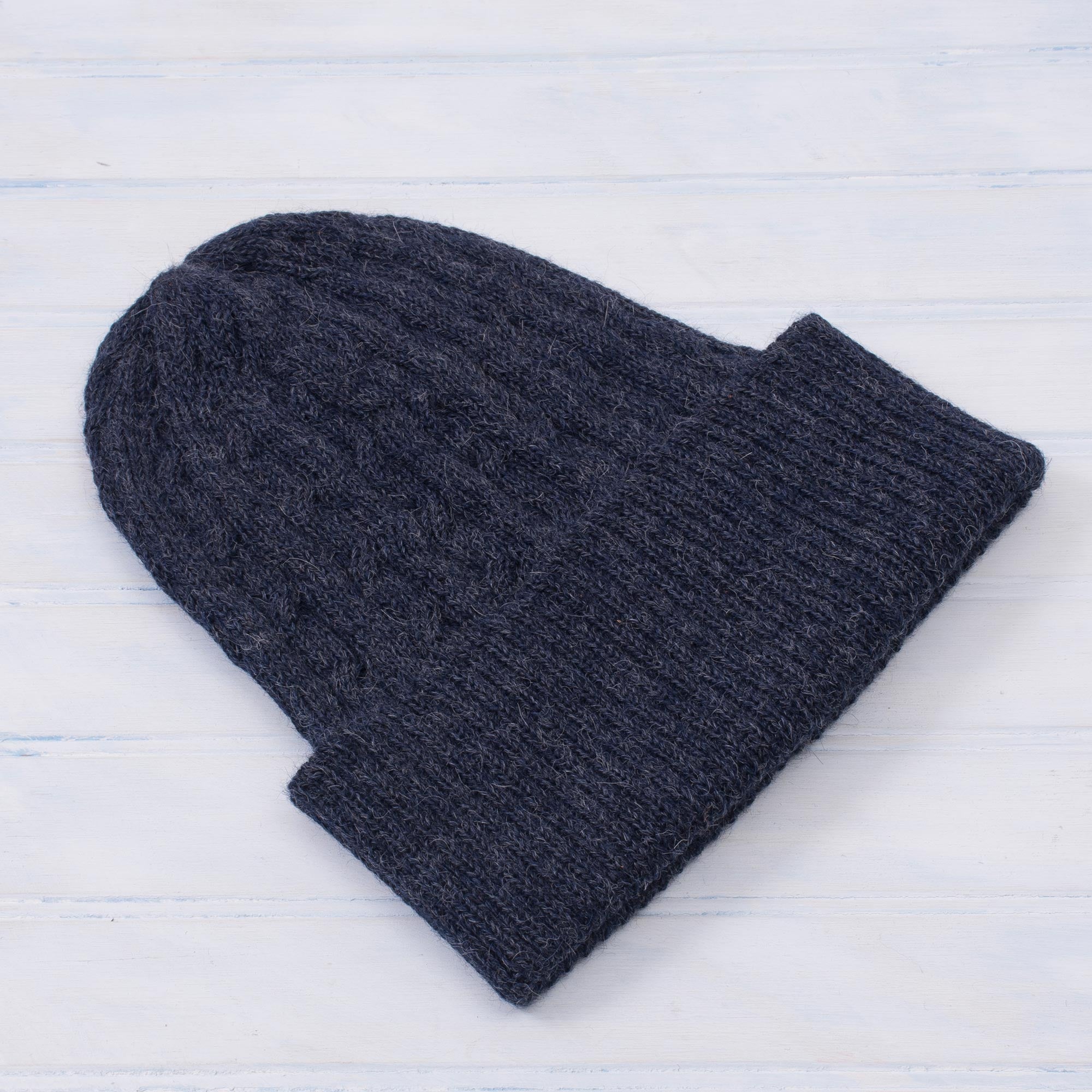 Indigo Braid Cascade Cable-Knit 100% Alpaca Hat in Indigo from Peru