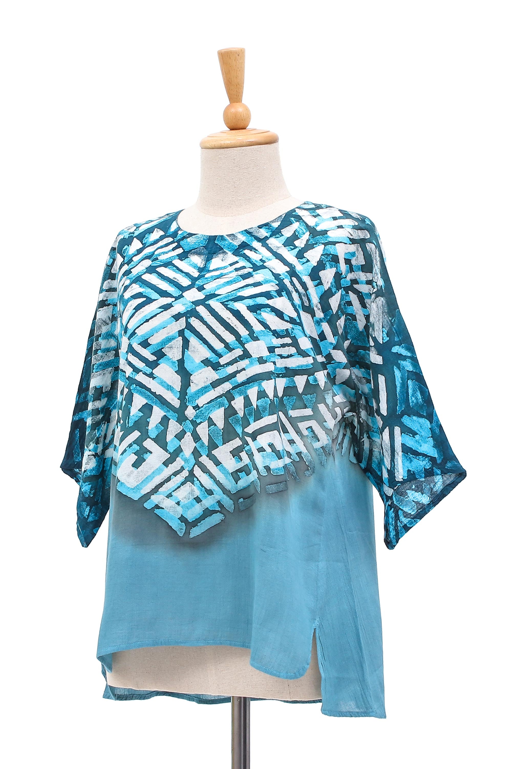 Blue Illusion Blue Cotton Batik Blouse Hand Crafted in Thailand