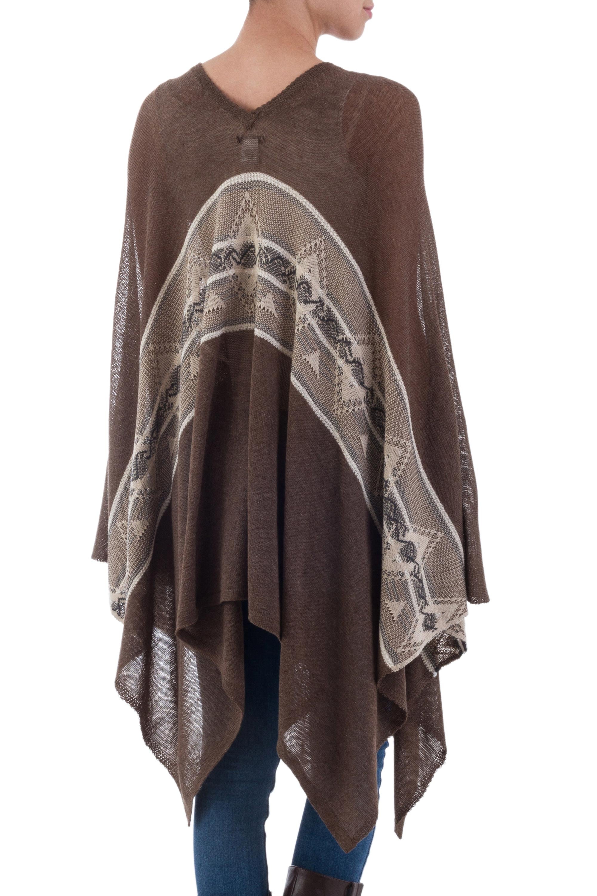 Brown Inca Woven Dark Brown Poncho with Stripe from Peru