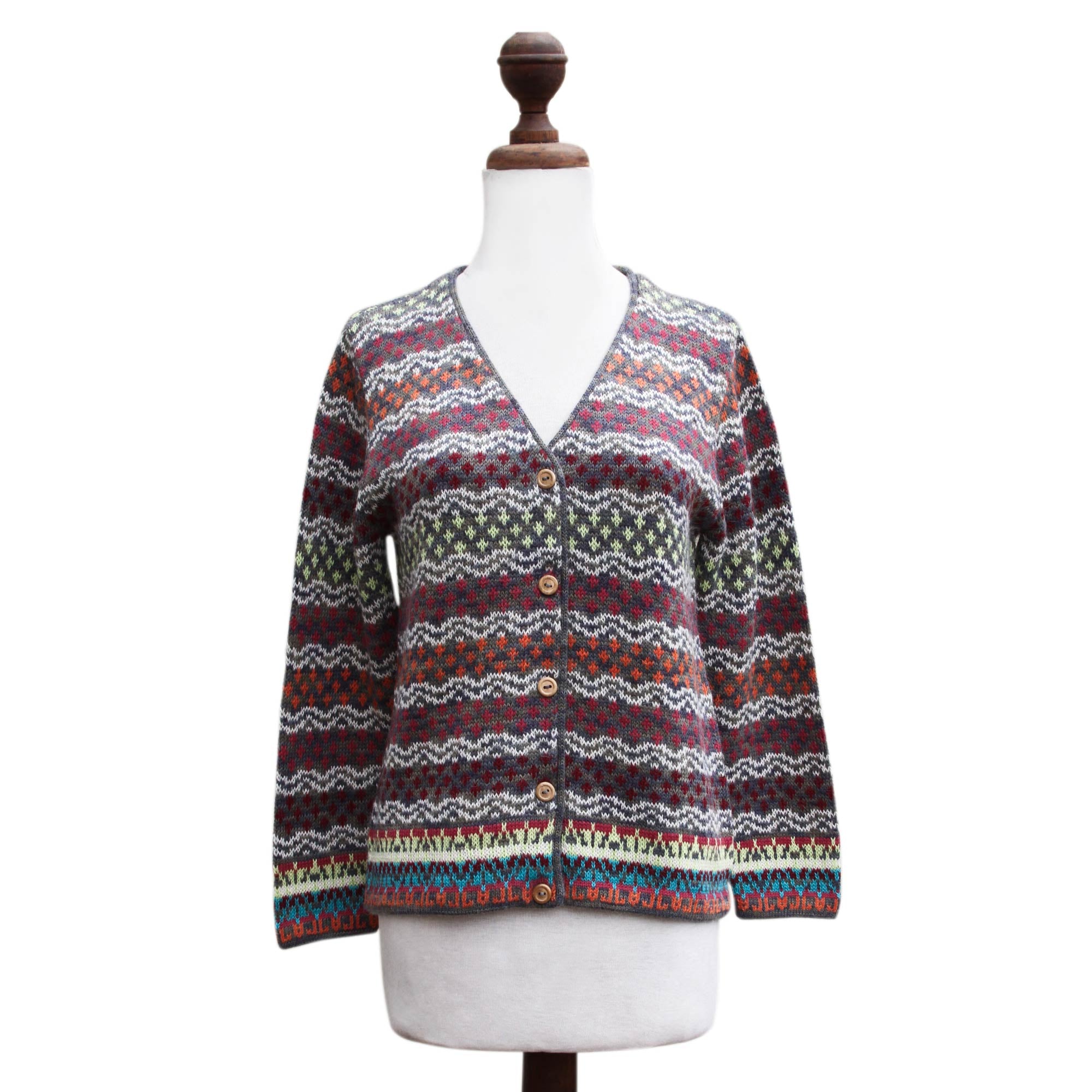 Rainbow Mist V-neck Alpaca Cardigan with Cedar Buttons