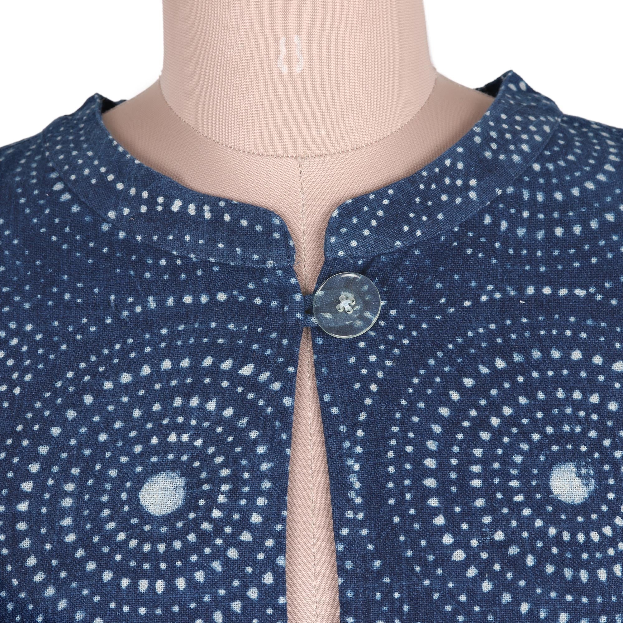 Mesmerizing Indigo Circle Motif Block-Printed Cotton Jacket from India