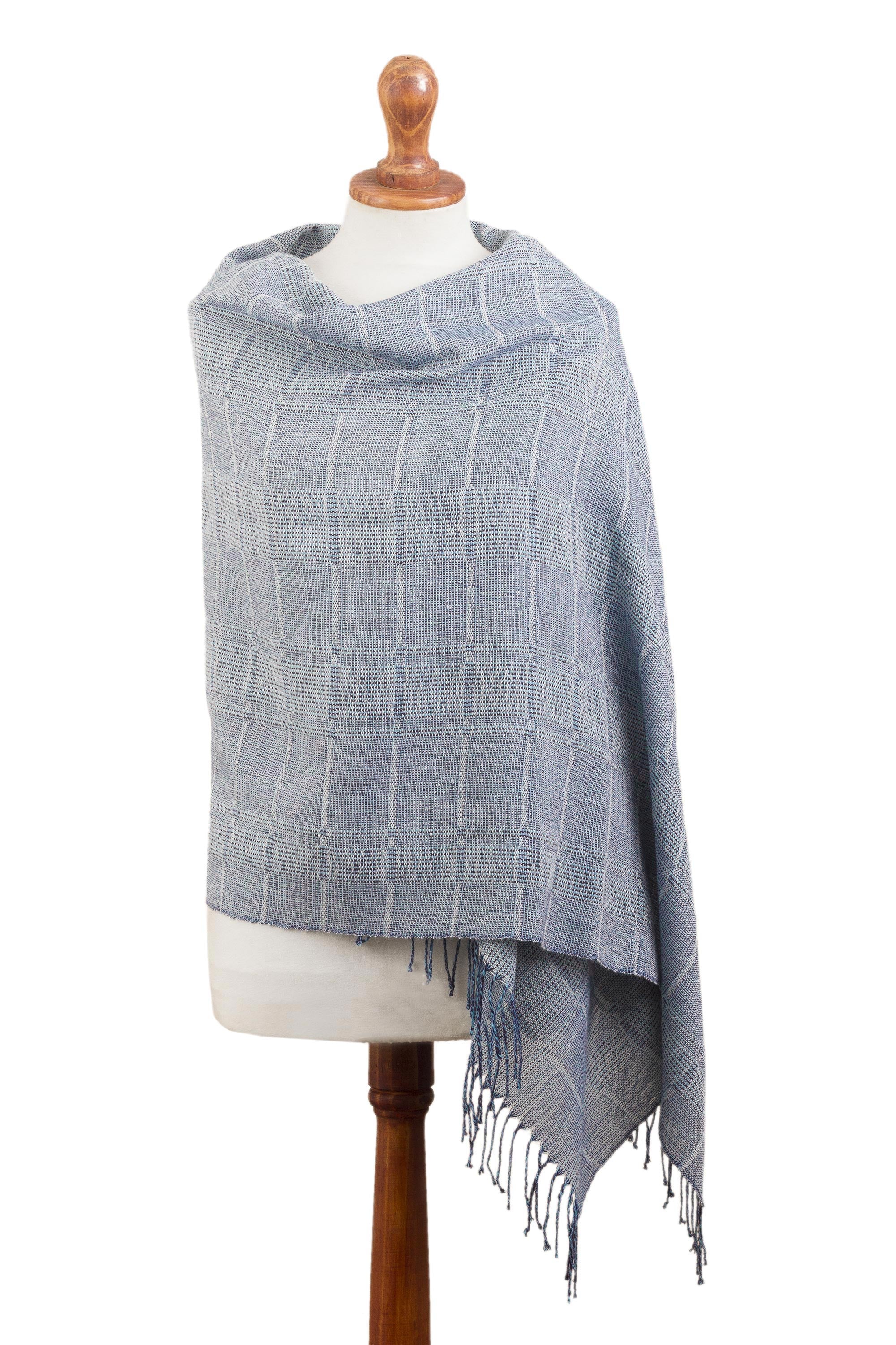 Whispering Blue Powder Blue Patterned Handwoven Baby Alpaca Shawl