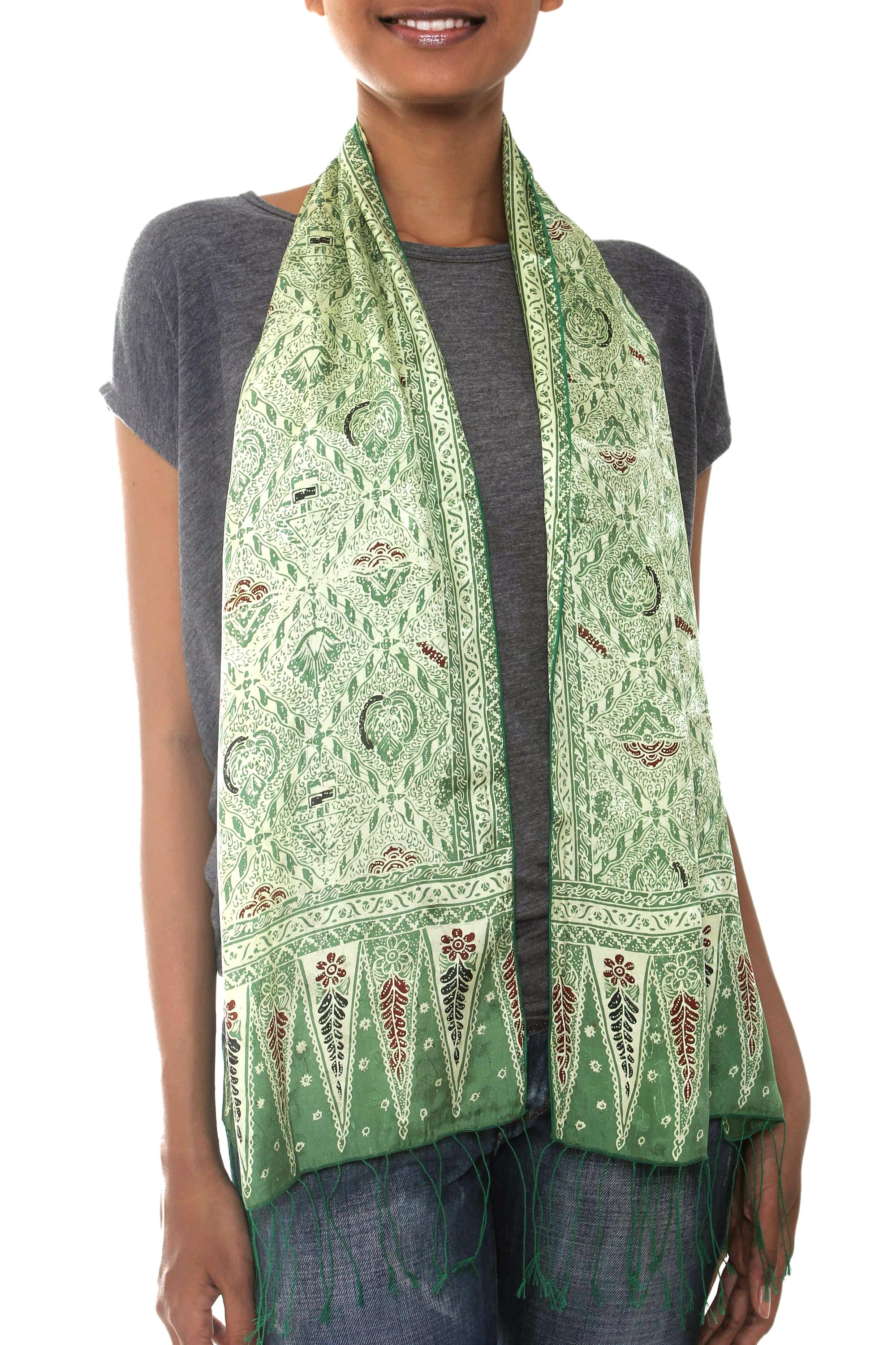 Royal Java Green Hand Made Floral Silk Batik Scarf