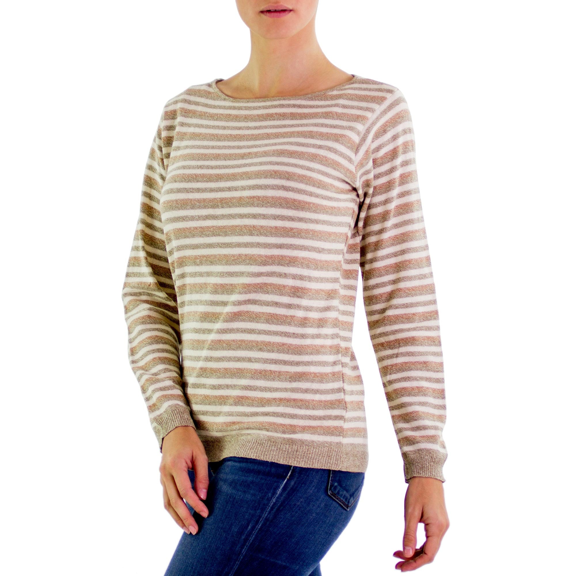 Horizon Women's Cotton Sweater with Ivory Jade Brown Stripes