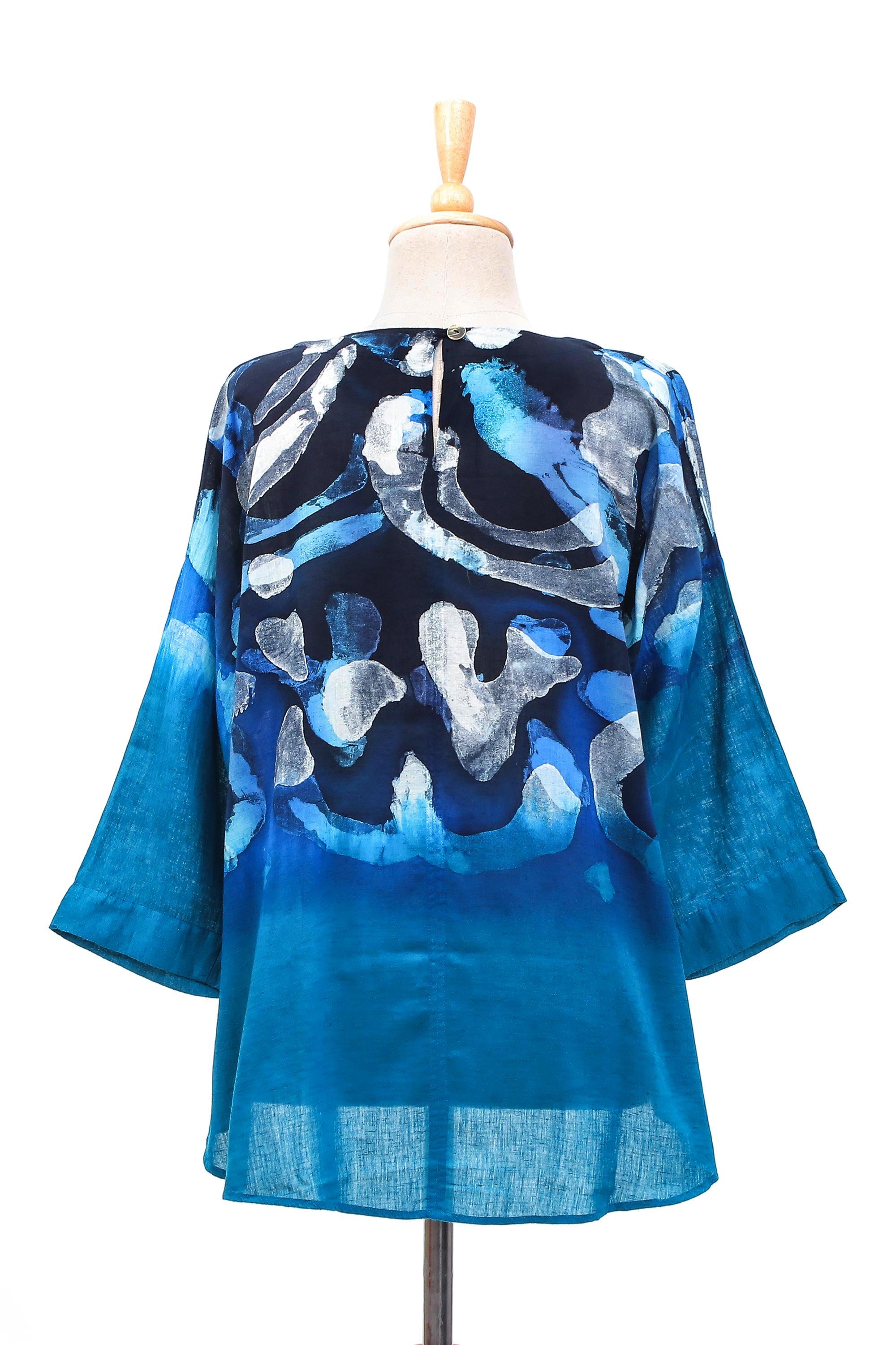 Lanna Melange in Blue 100% Cotton Women's Batik Blouse in Blue