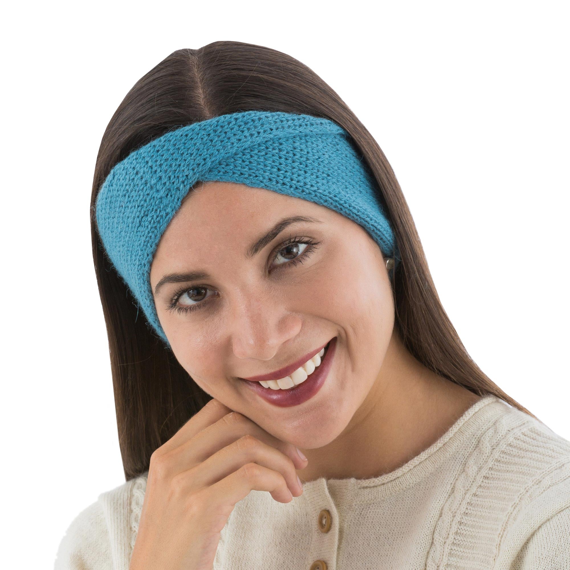 Blue Twist Blue 100% Alpaca Ear Warmer Knitted in Peru