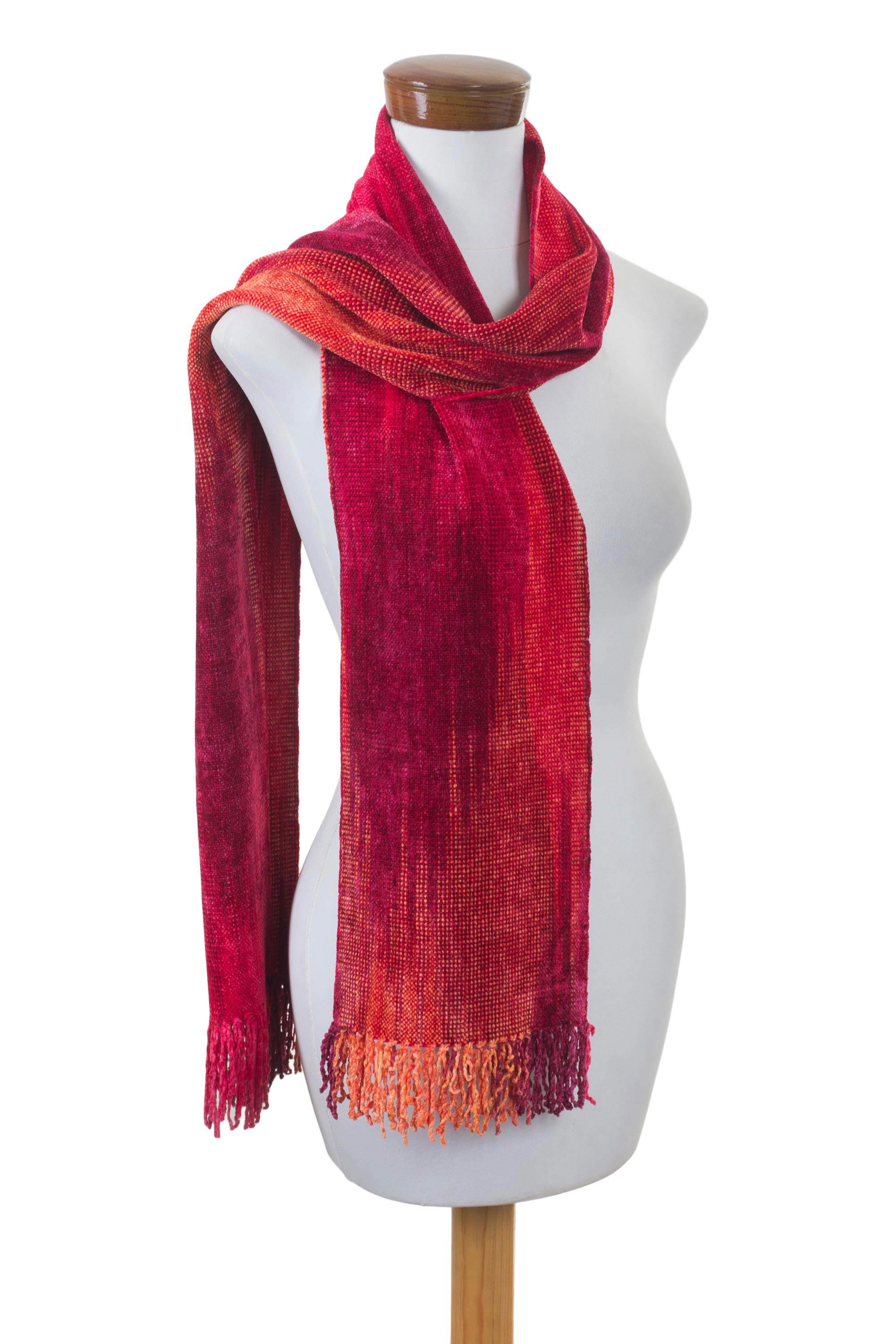 Crimson Embrace Red and Burgundy Handwoven Rayon Chenille Scarf