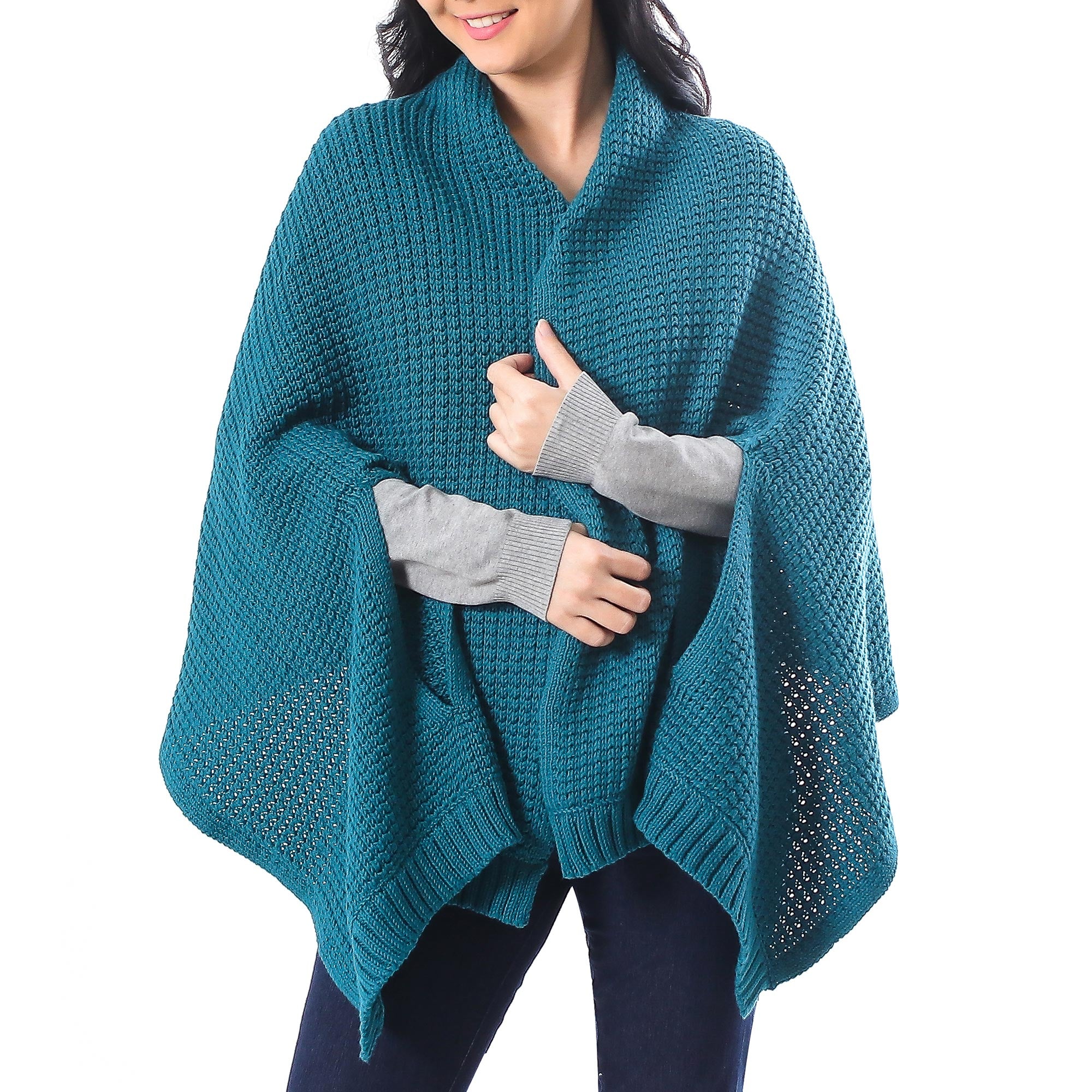 Chic Warmth in Teal Patterned Knit Cotton Shawl in Teal from Thailand