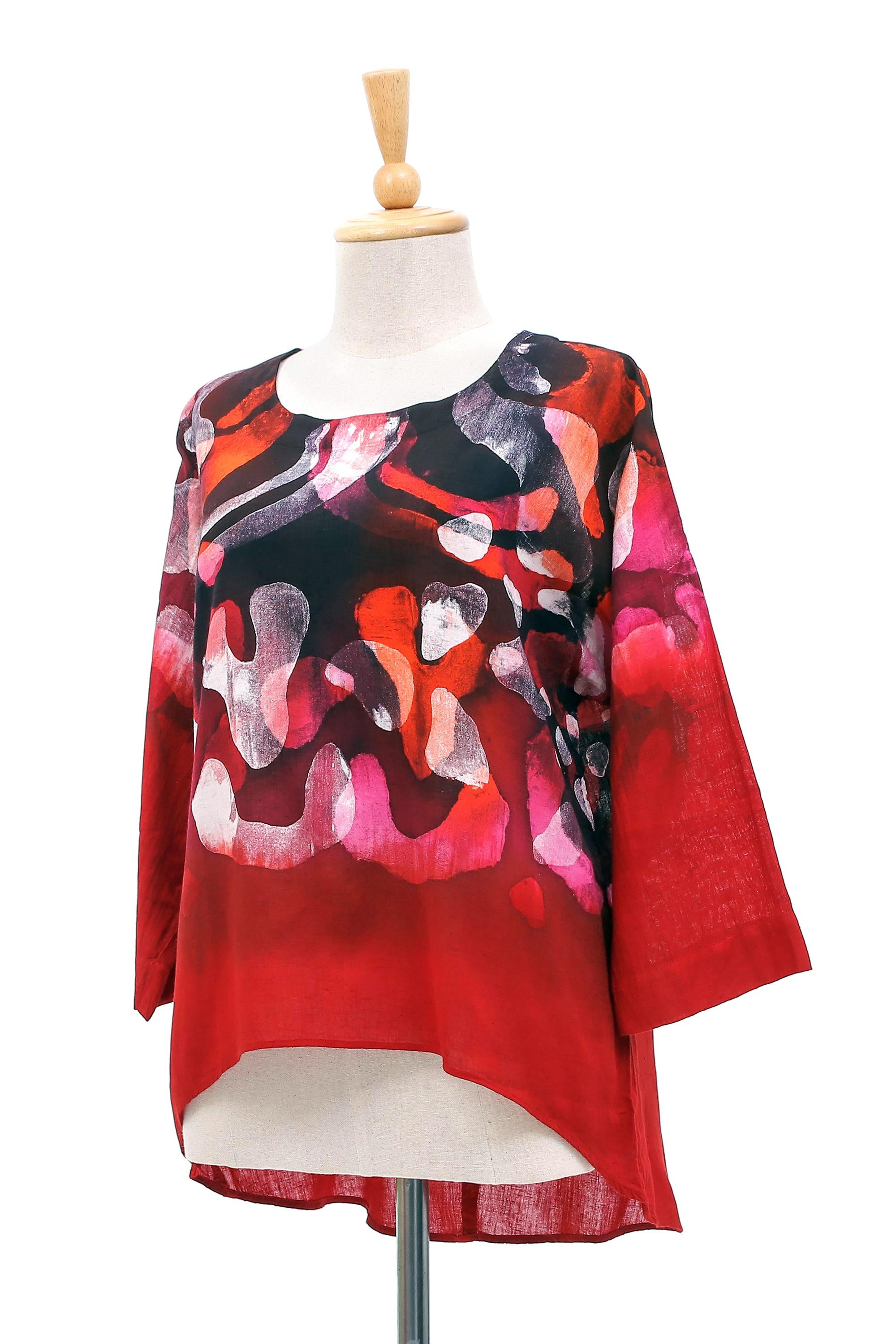 Lanna Melange in Red Red Batik Abstract Print Cotton Blouse