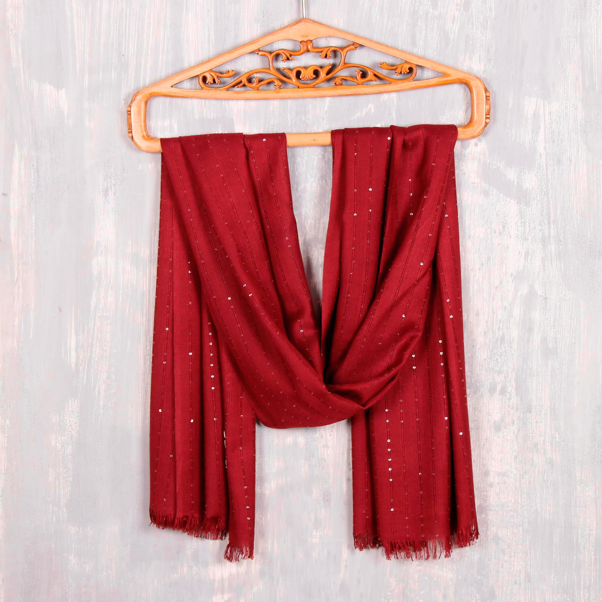 Garnet Glimmer Embellished Viscose Shawl in Cranberry from India