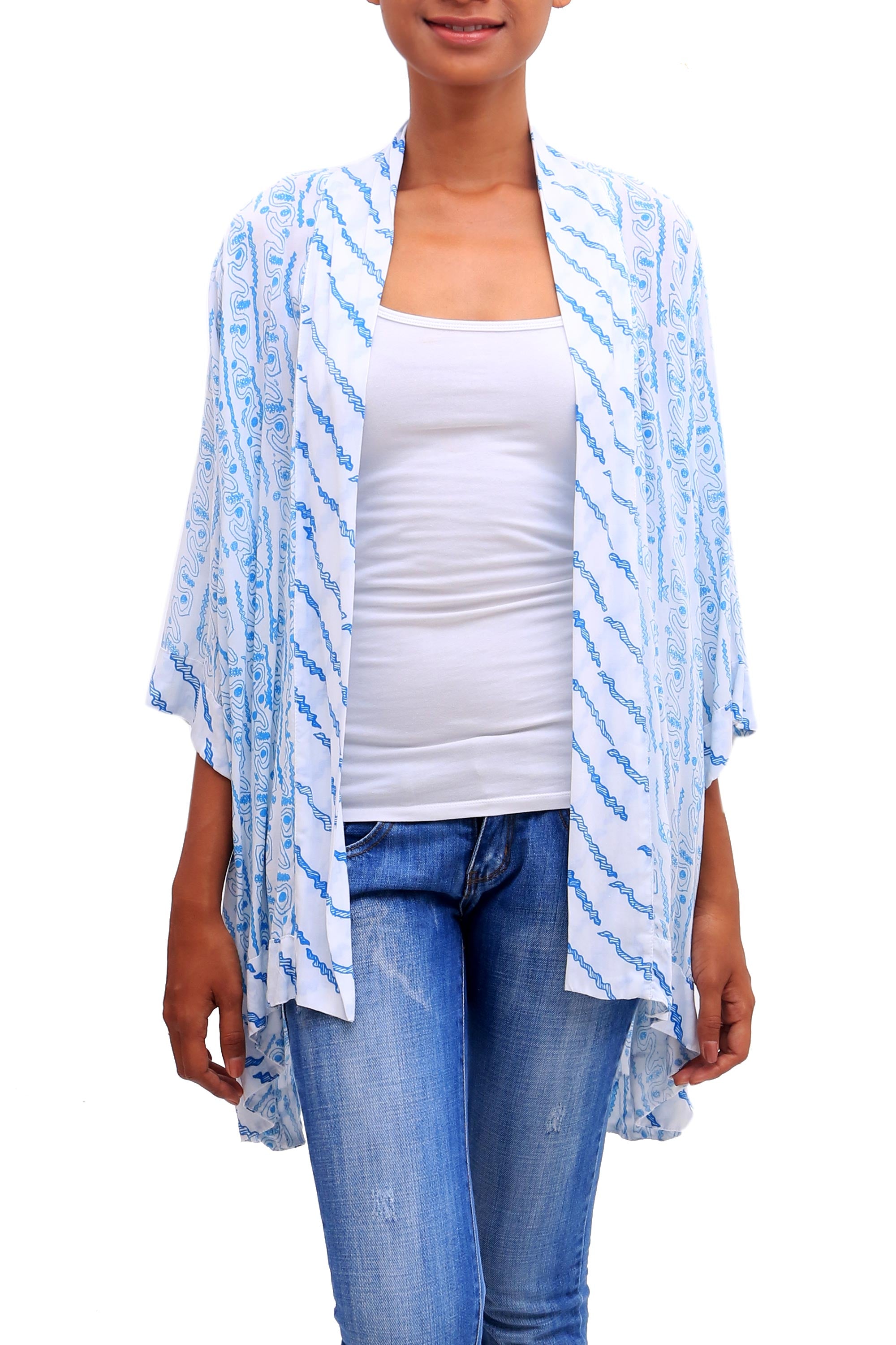 Azure Helix Printed Rayon Kimono in Azure from Bali