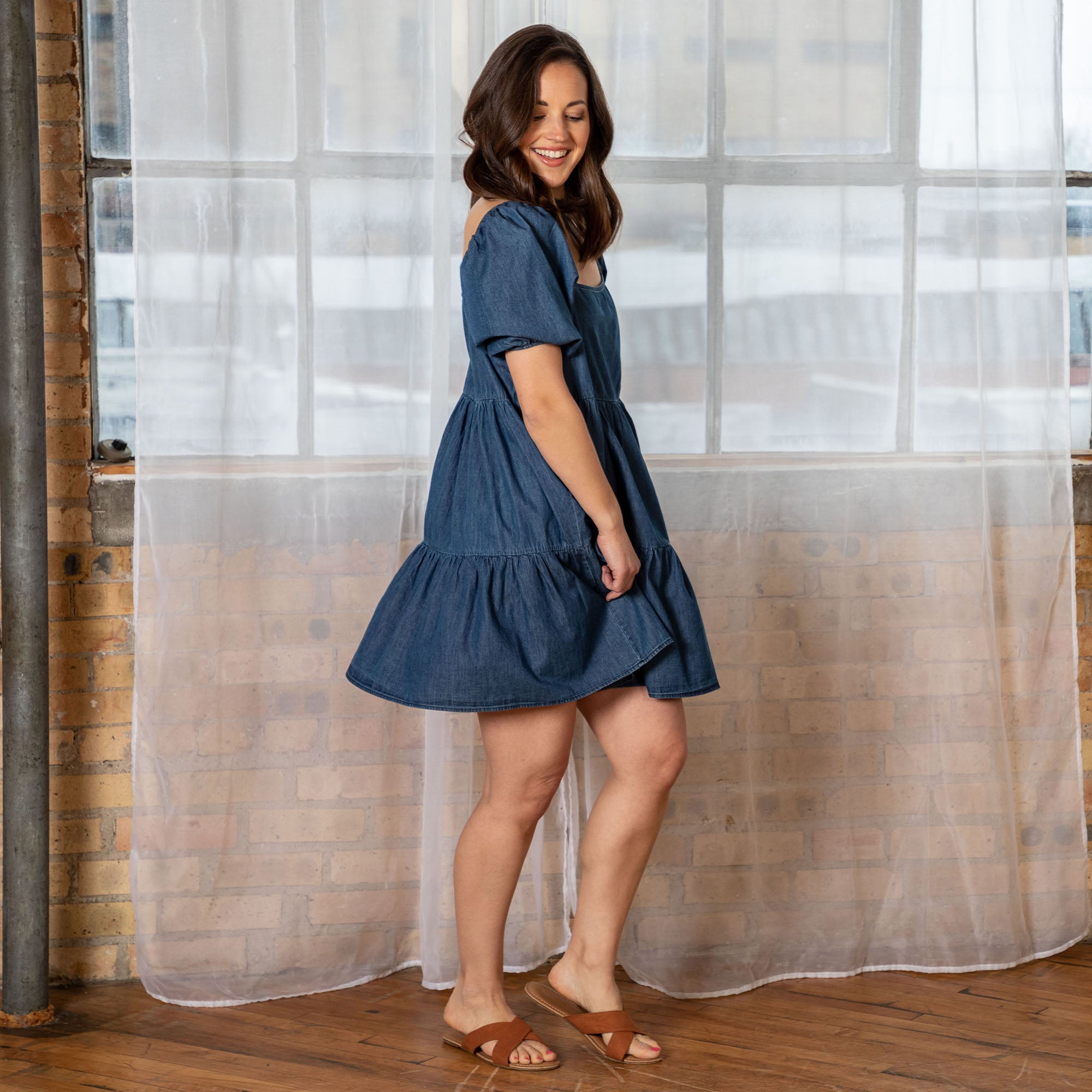 Balloon Sleeve Denim Baby Doll Dress