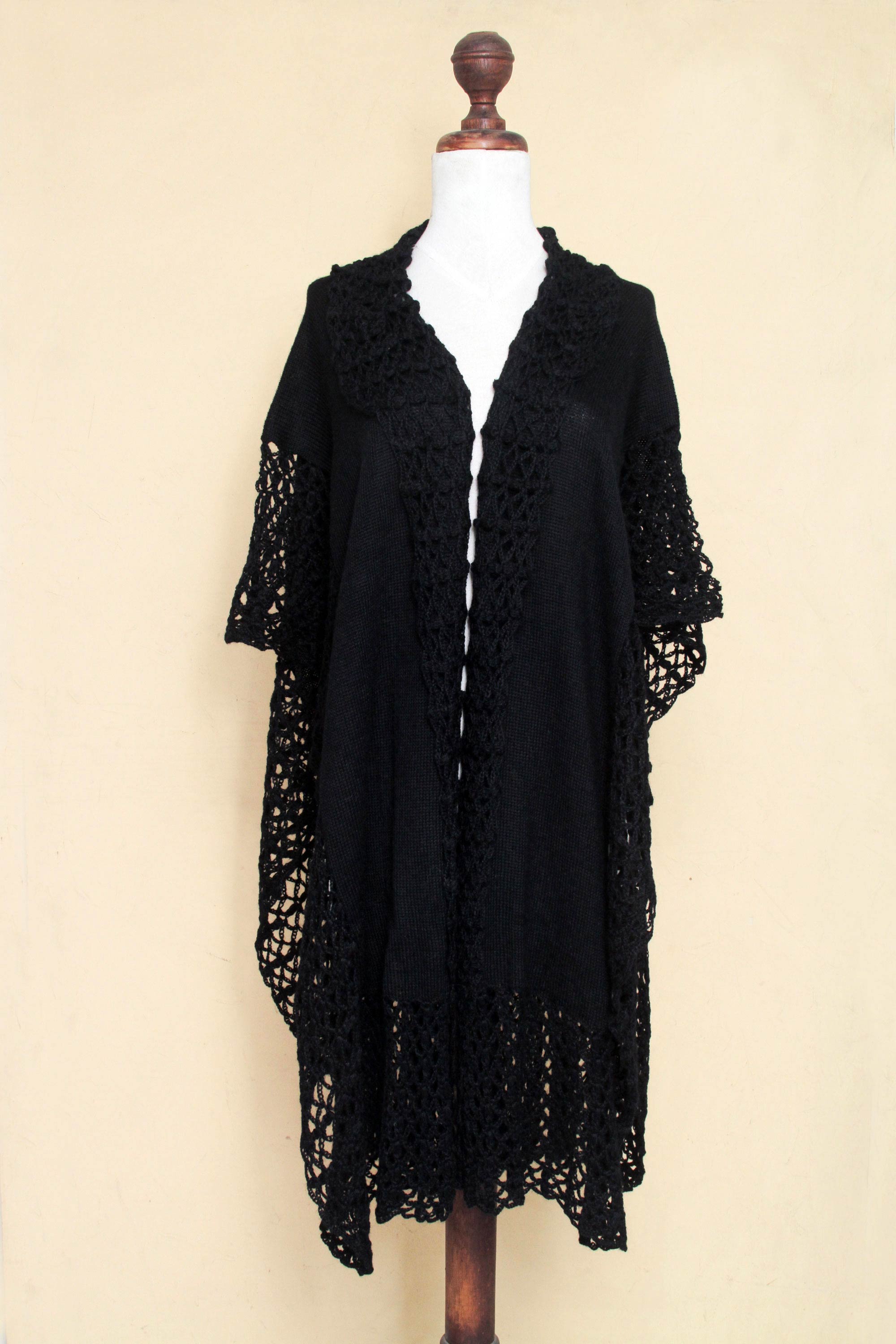 Ebony Whisper Lacy Knitted Black 100% Alpaca Long Kimono Cape from Peru