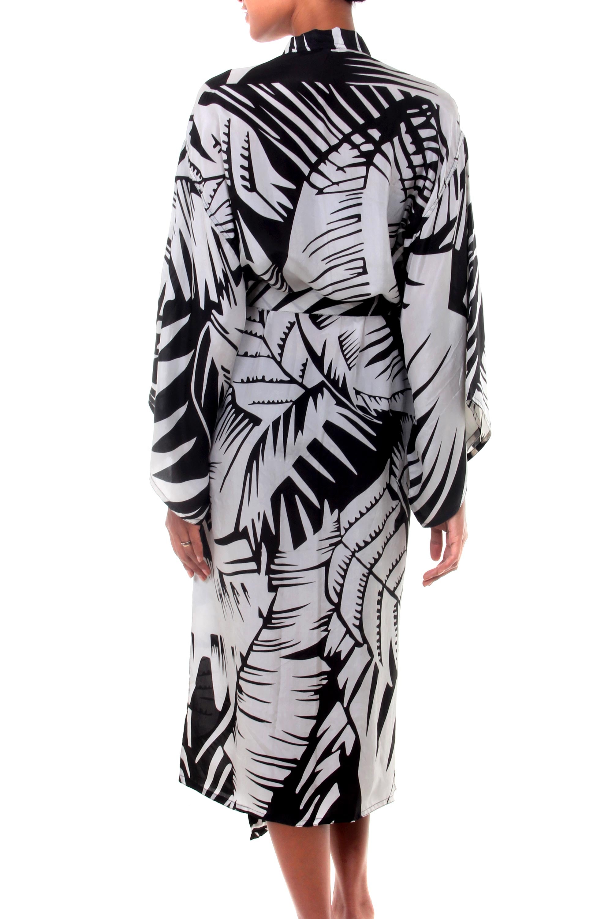 Palm Frond Shadow Women's Artisan Crafted Black and White Long Silk Robe