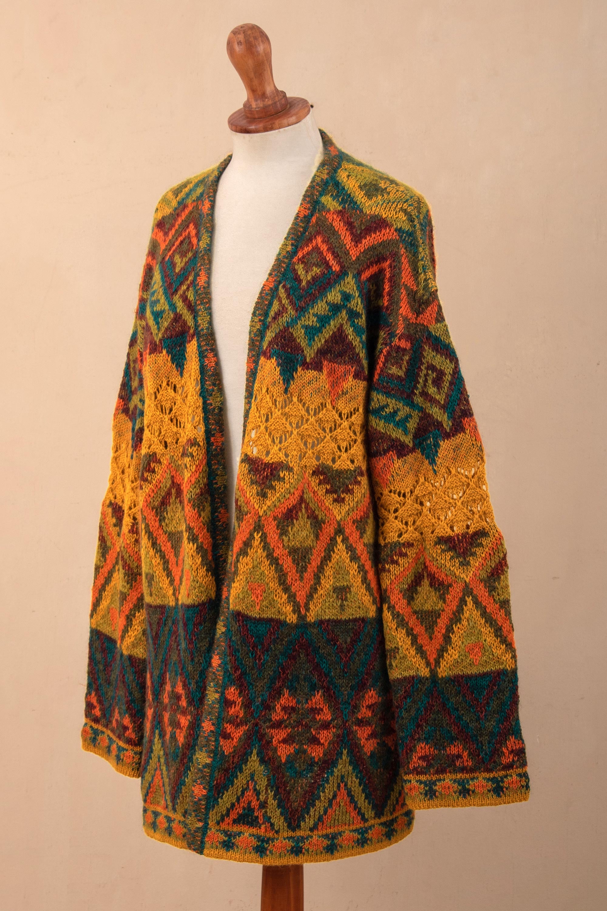 Chevere Art Knit Cardigan  Baby Alpaca Blend Geometric Motifs Knit Cardigan Sweater