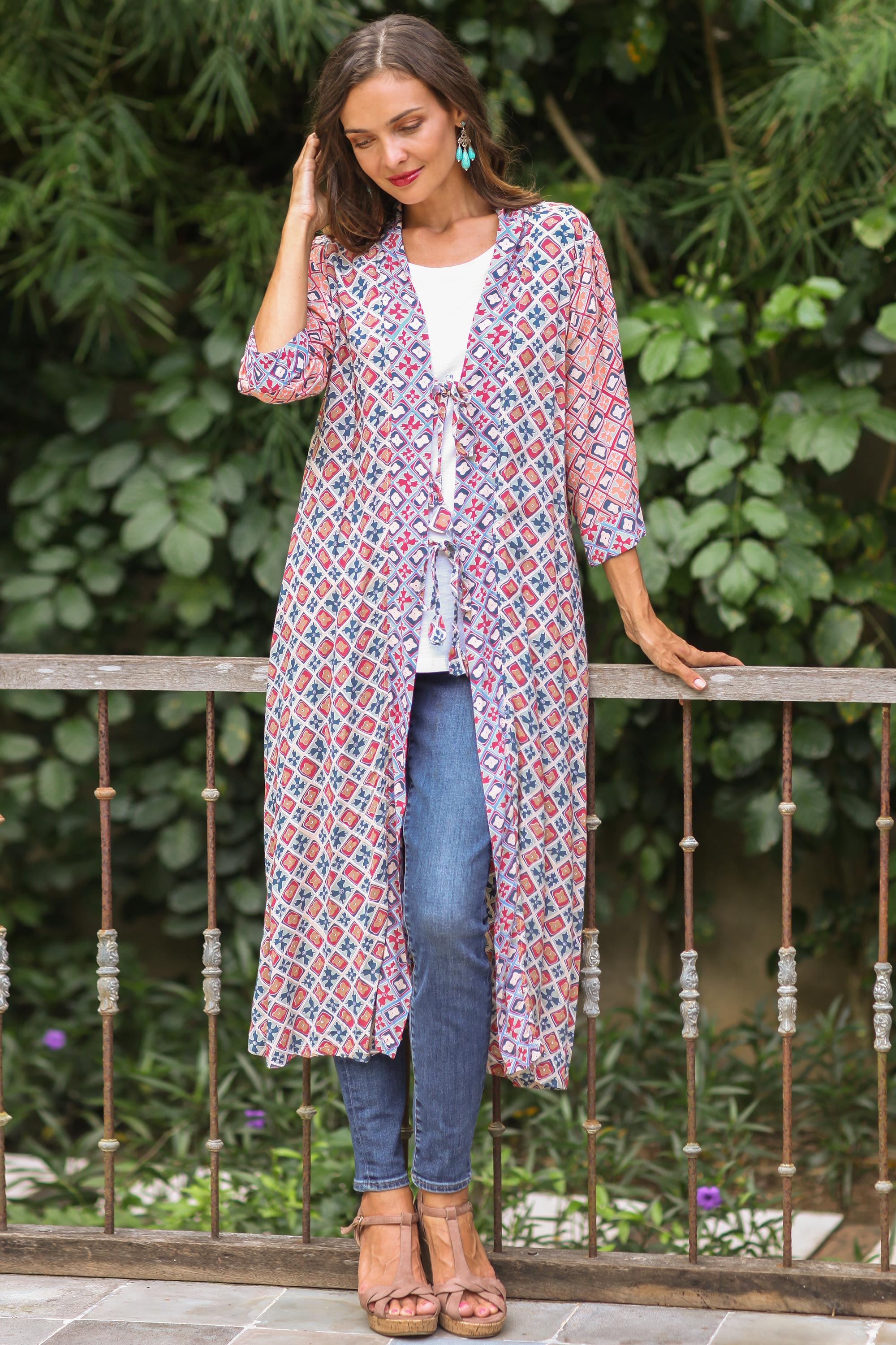 Kelud Crisscross Chili and Azure Printed Rayon Long Kimono from Bali