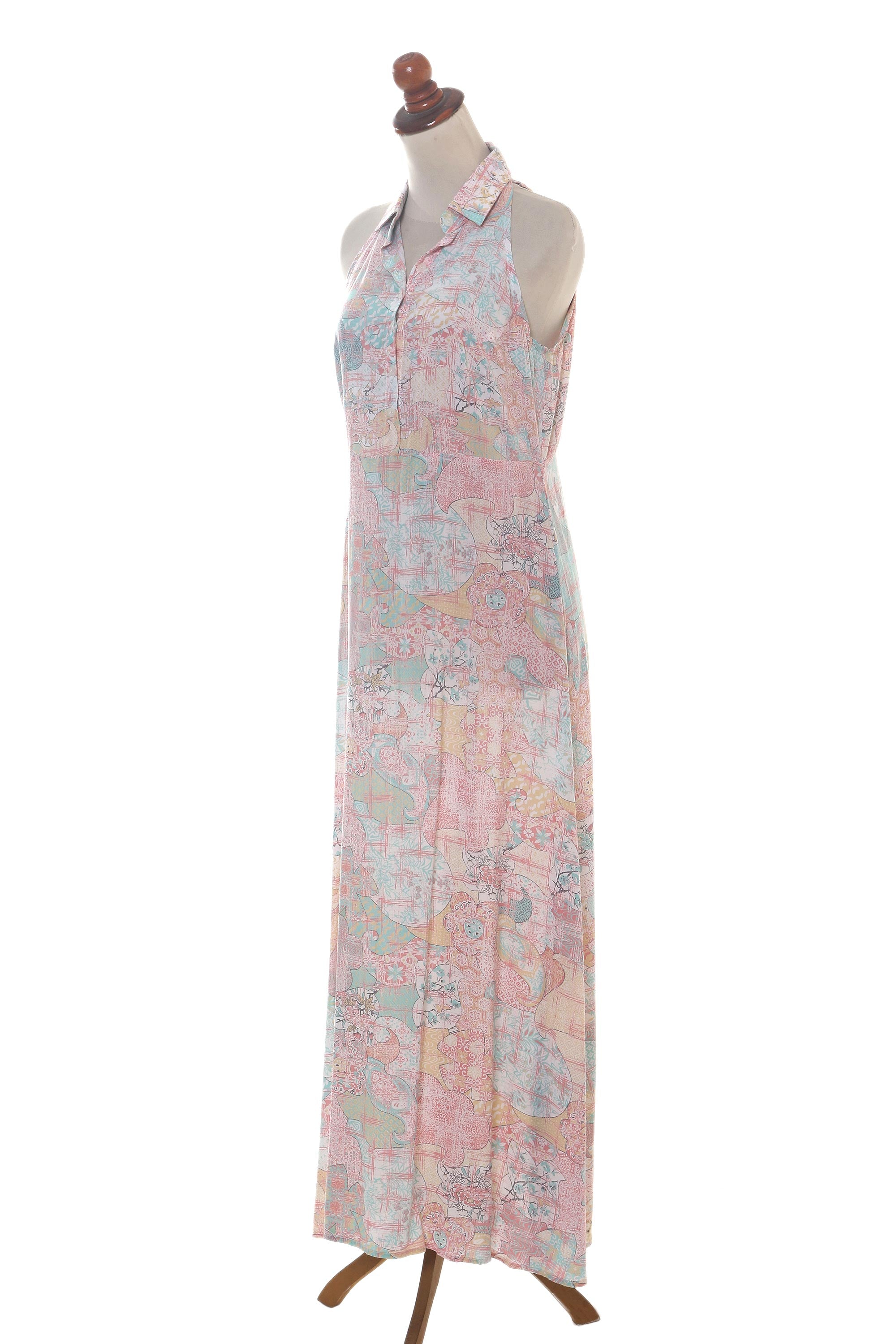 Sekar Jagad Rayon Halter Dress with Pink and Aqua Print