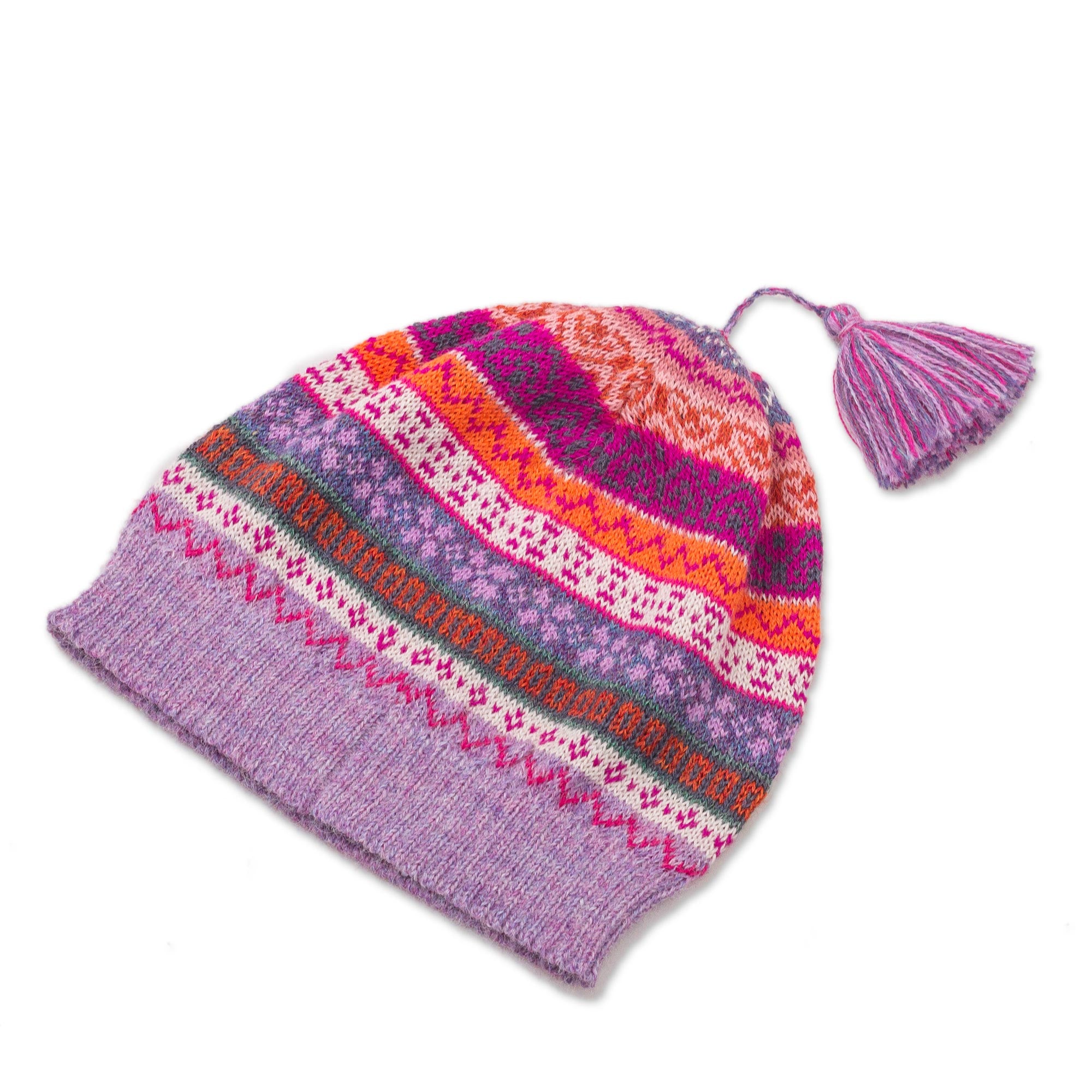 Inca Blooms Lilac and Fuchsia and Milk White 100% Alpaca Knit Hat