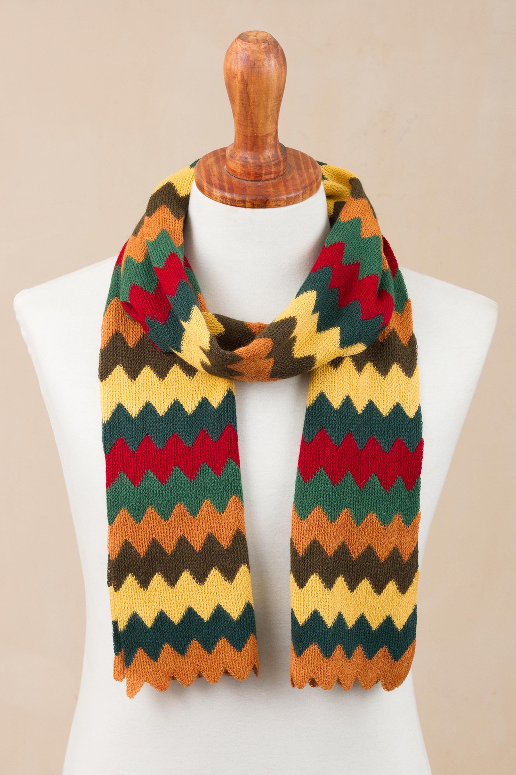 Warm Zigzags Colorful Zigzag Alpaca Blend Wrap Scarf from Peru