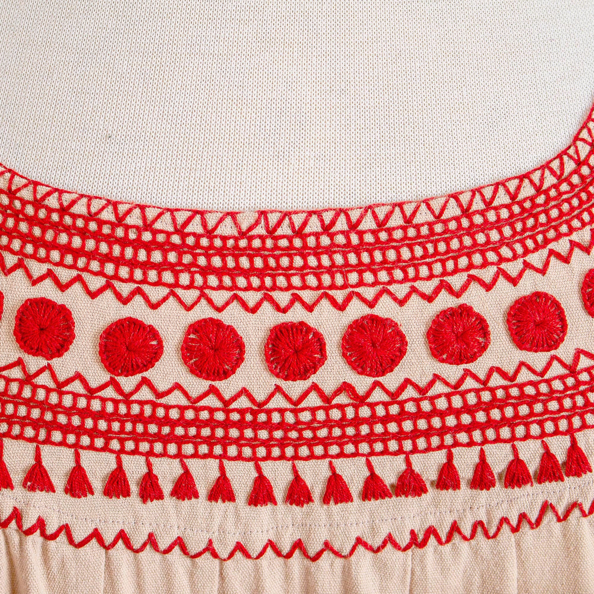 San Cristobal Tradition Beige Cotton Blouse with Traditional Red Embroidery