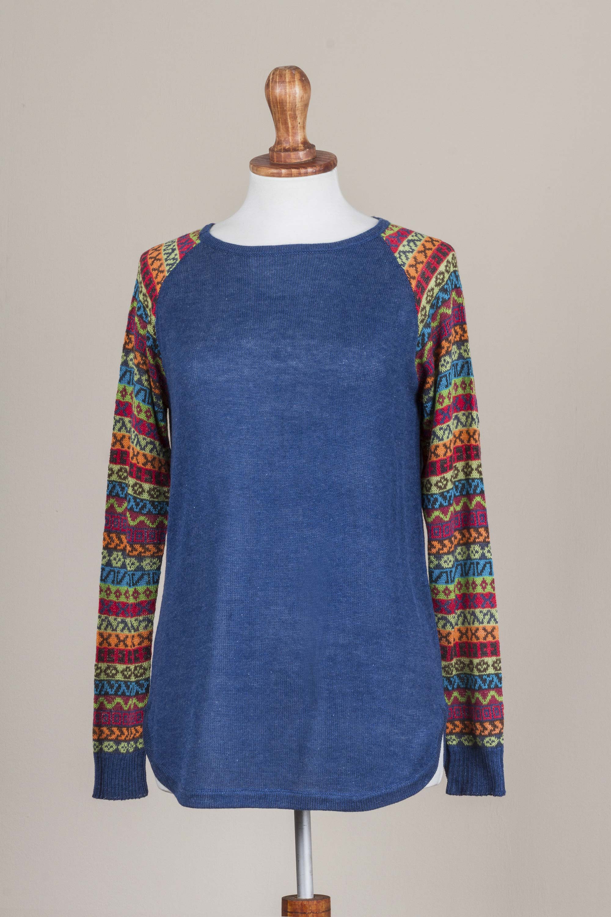 Cusco Market in Blue Blue Tunic Sweater with Multi Color Patterned Sleeves