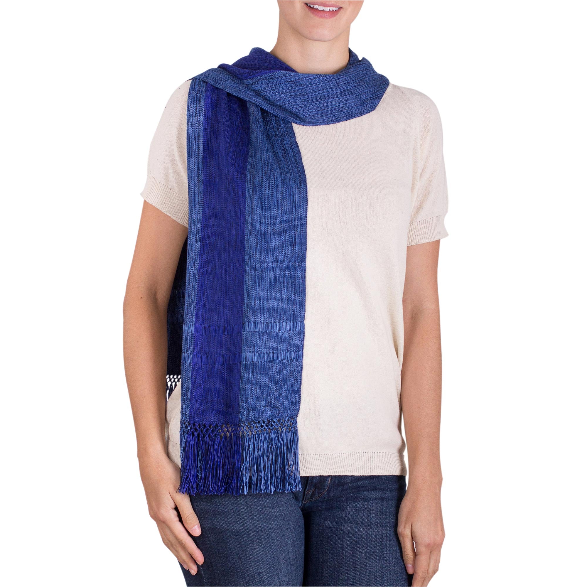 November Skies Loom Woven Blue Striped Rayon Scarf from Guatemala