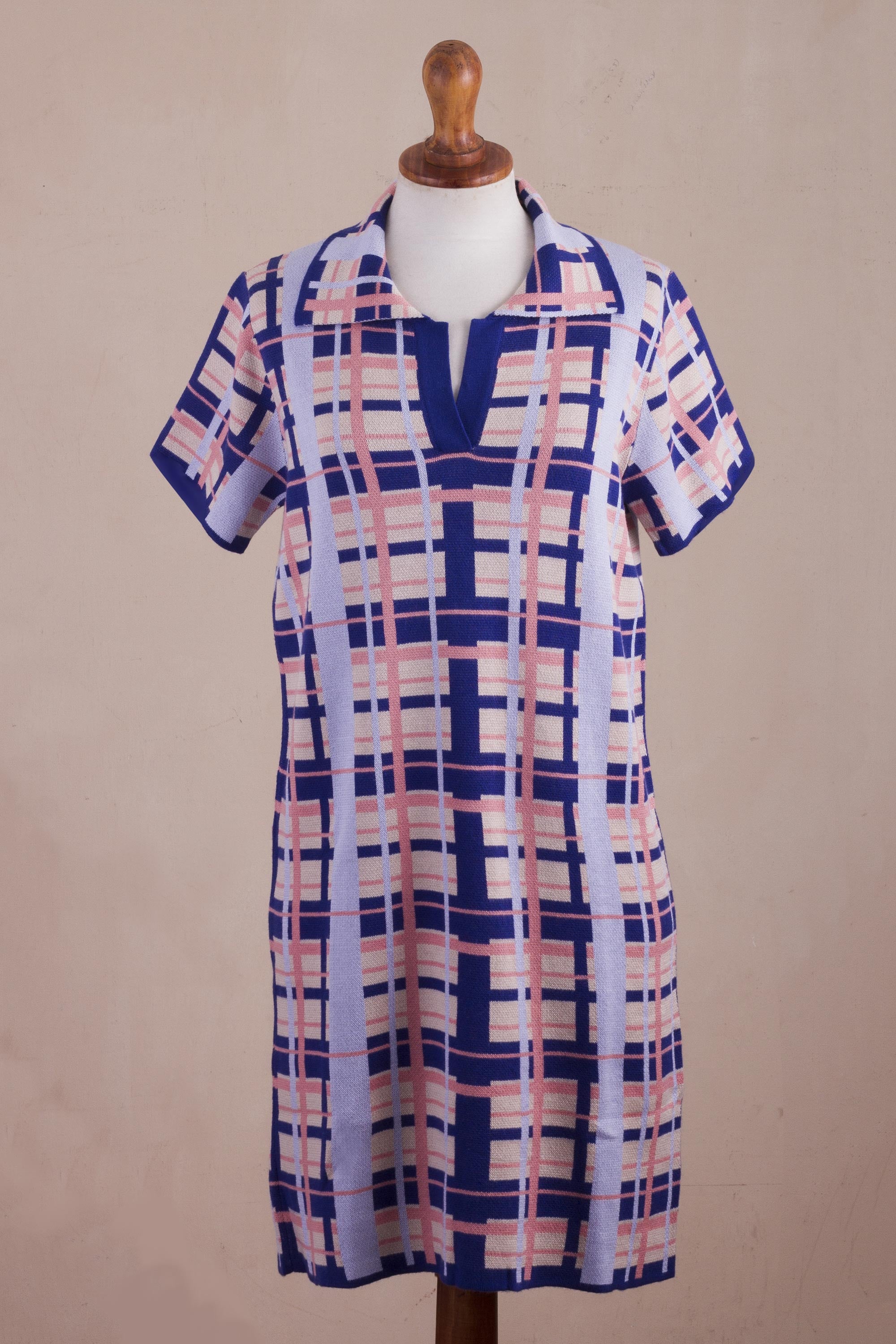 Melon Spring Hand Made Cotton Blend Plaid Polo Dress from Peru