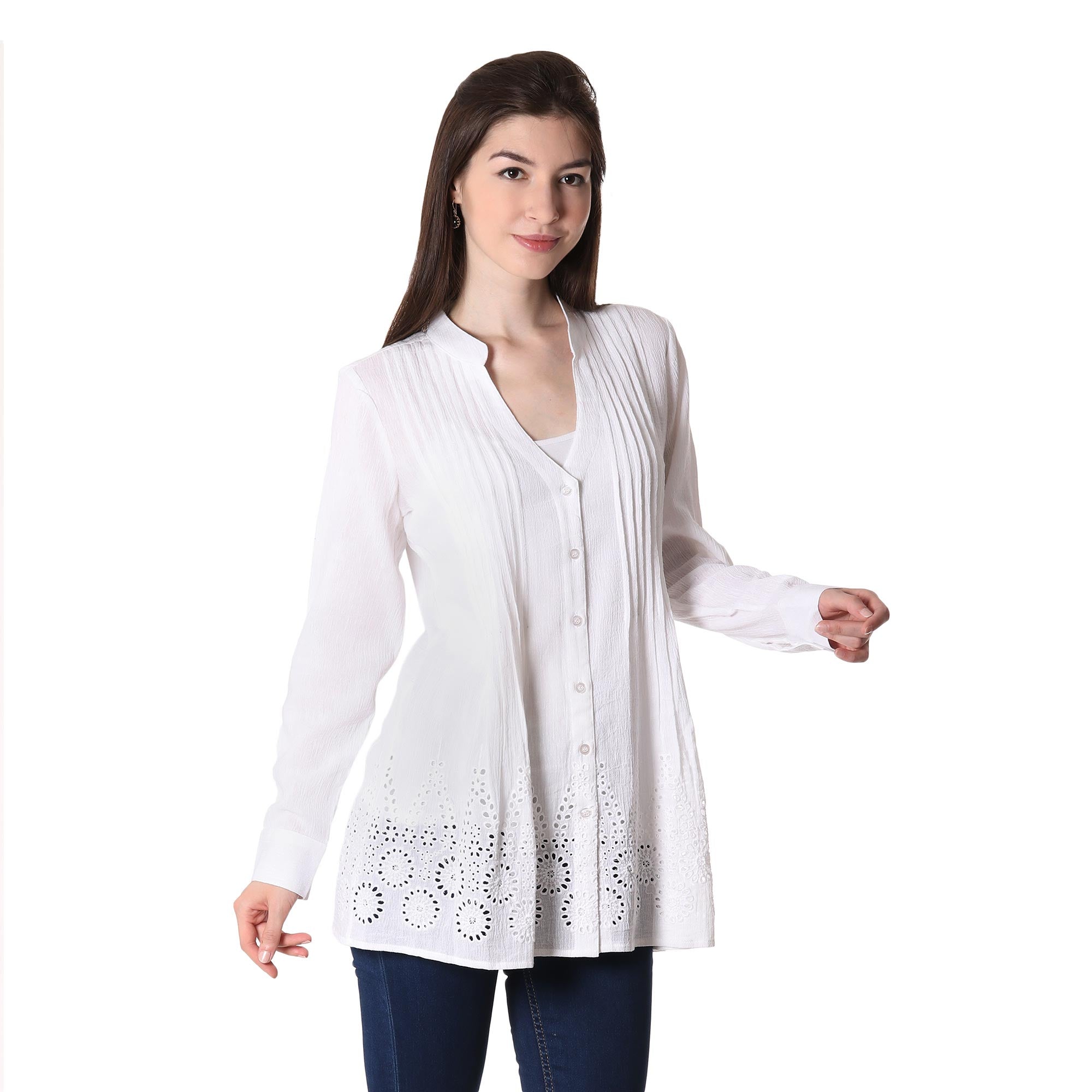 Hakoba in White Eyelet Pattern Cotton Blouse in White from India