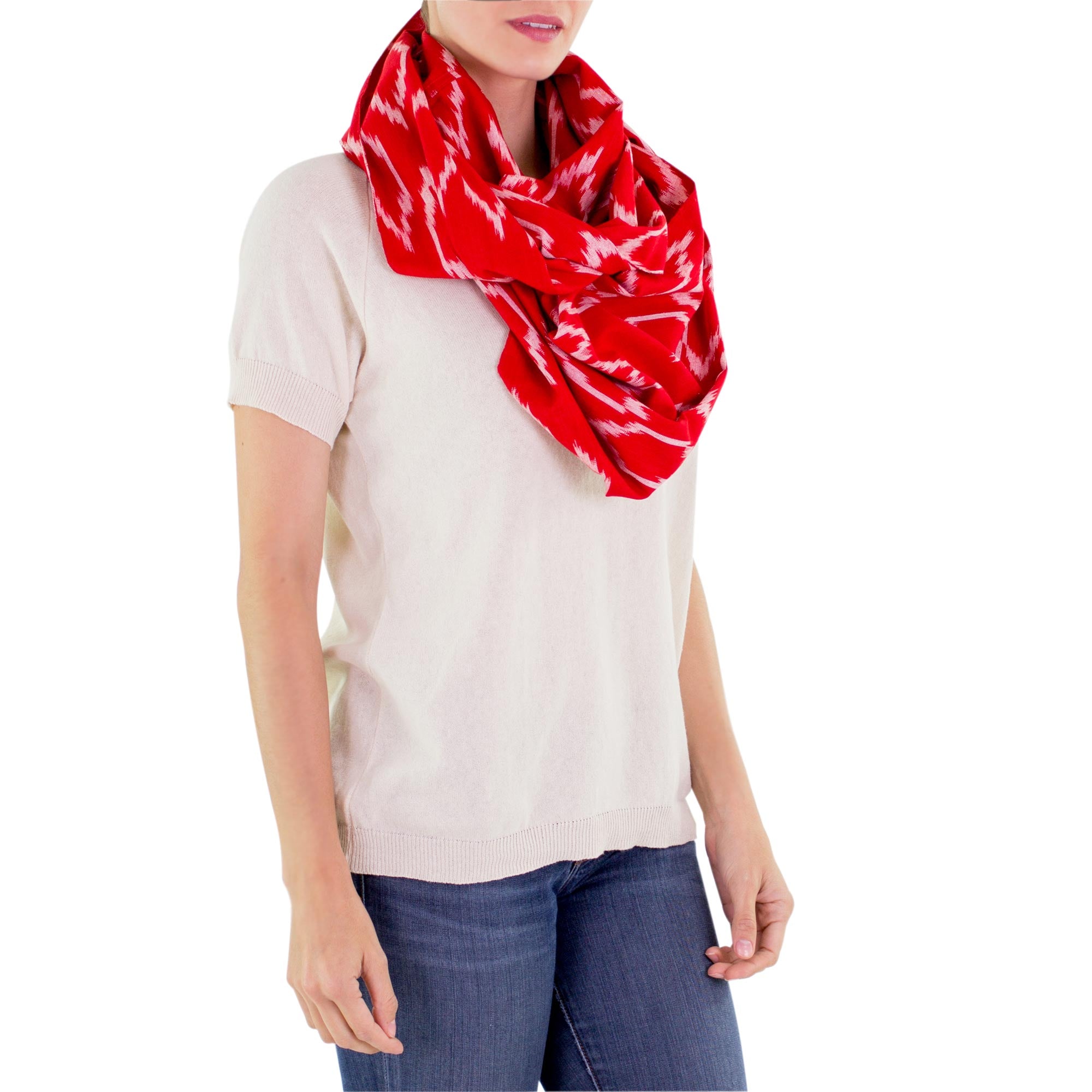 Ruby Maya Red White Patterned Infinity Scarf in Hand Woven Cotton