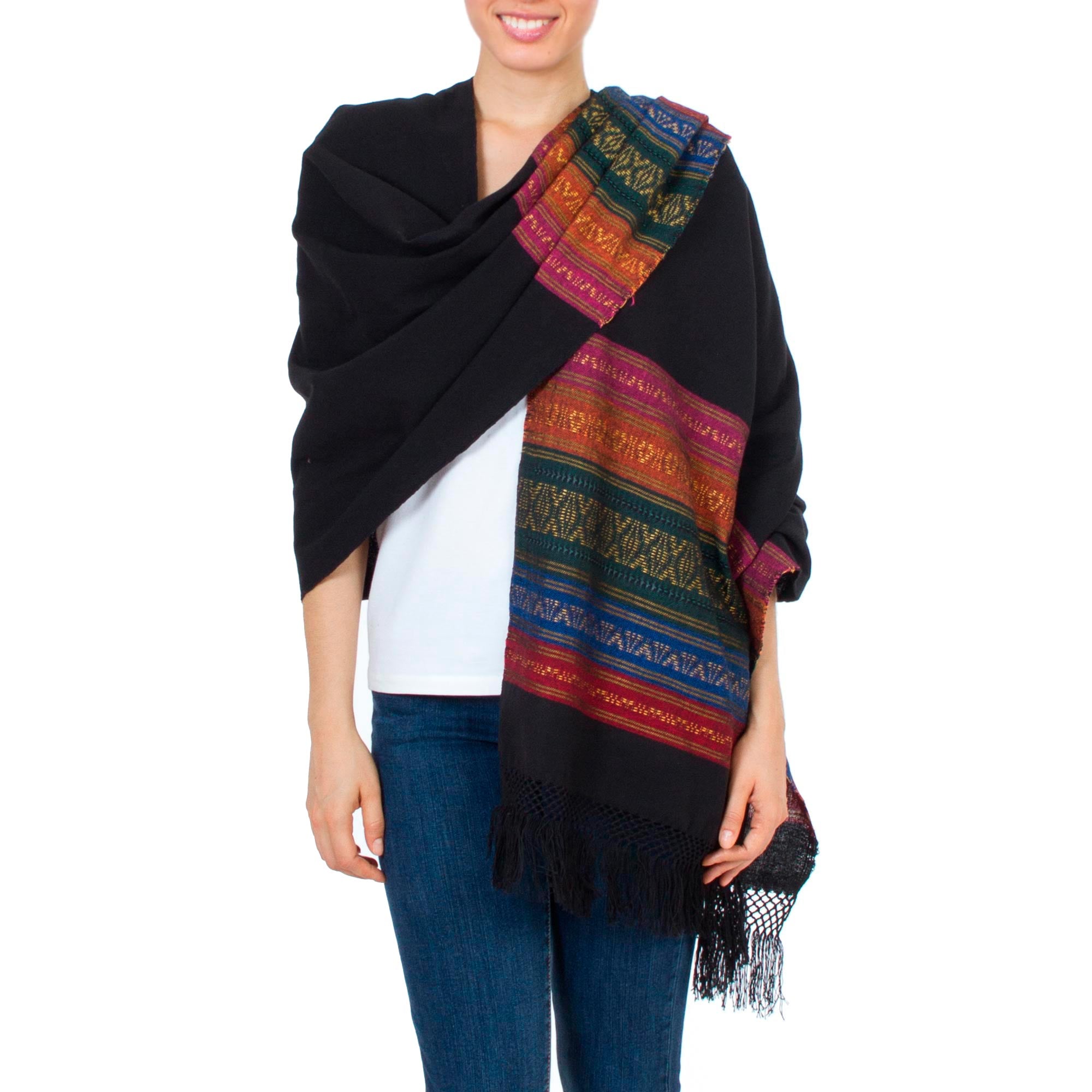 Zapotec Night Splendor Black Zapotec Rebozo Shawl with Colorful Geometric Stripes