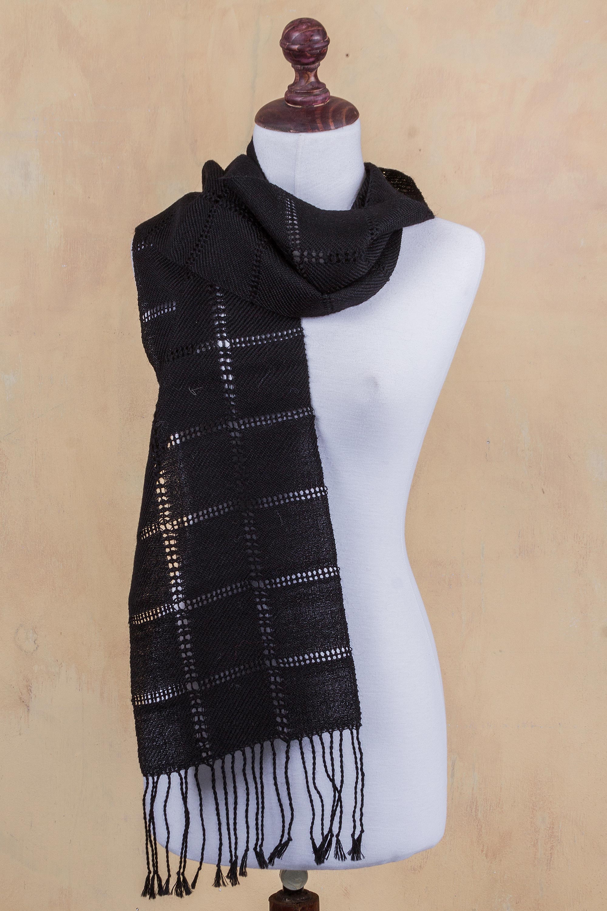 Midnight in Juliaca Women's Handwoven Black 100% Alpaca Wool Scarf