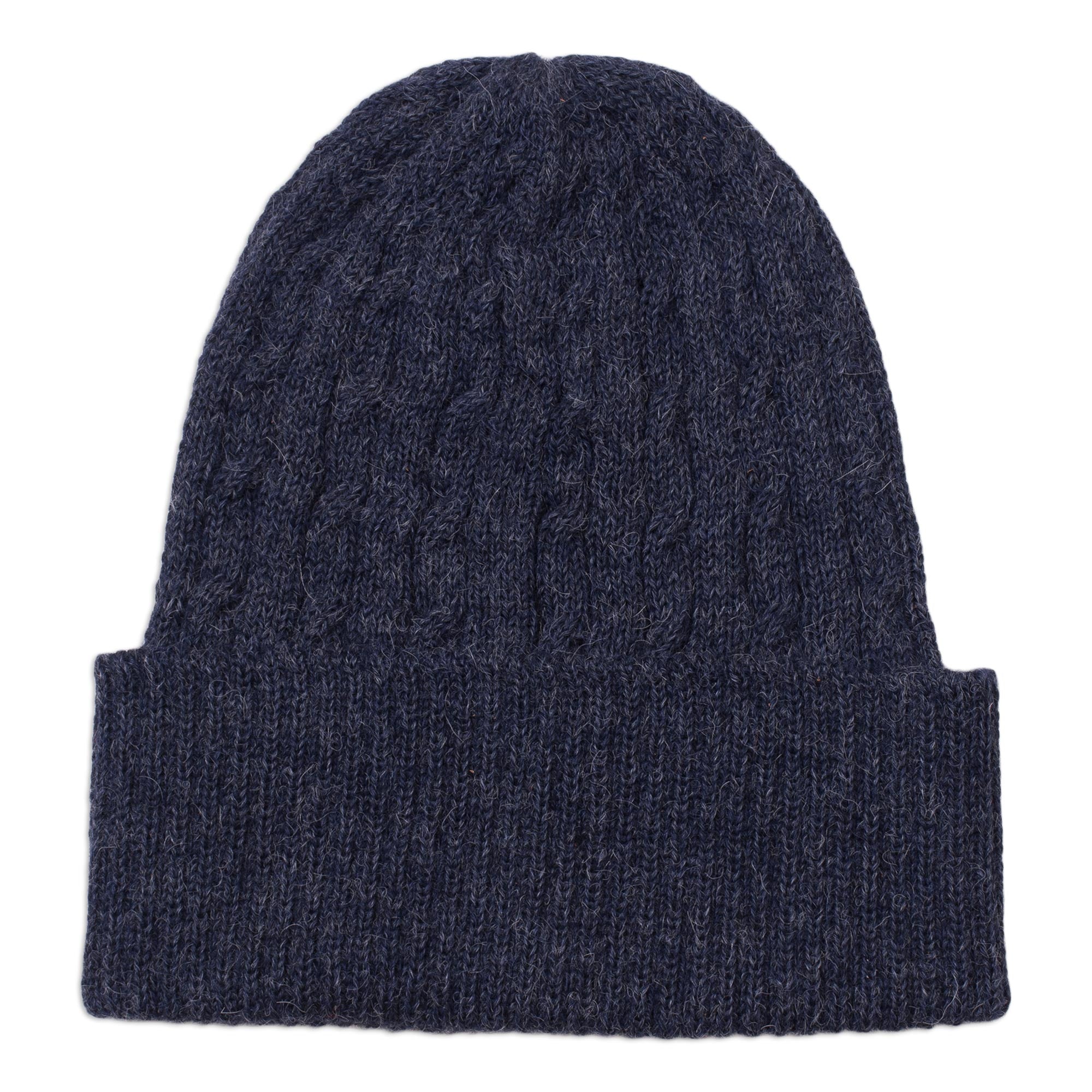 Indigo Braid Cascade Cable-Knit 100% Alpaca Hat in Indigo from Peru