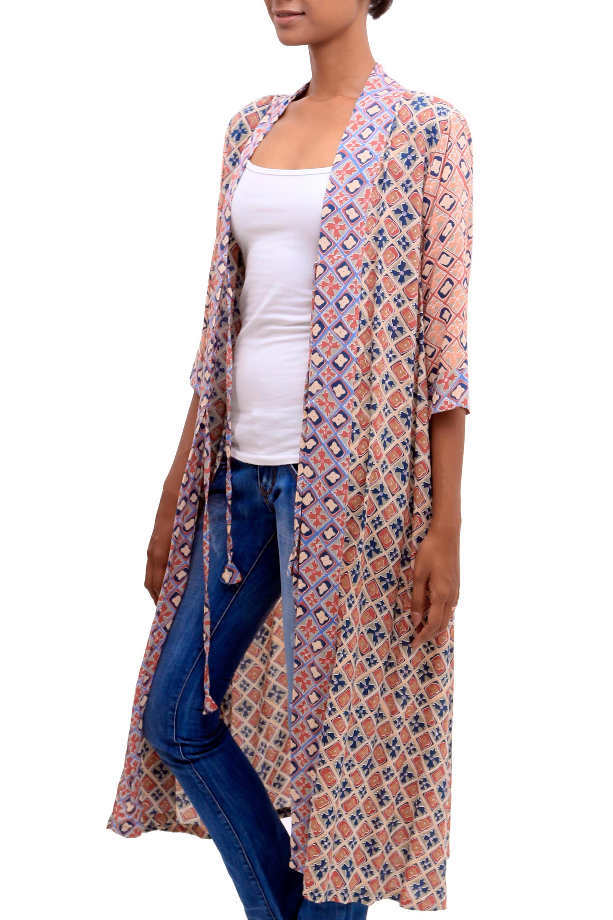 Kelud Crisscross Chili and Azure Printed Rayon Long Kimono from Bali