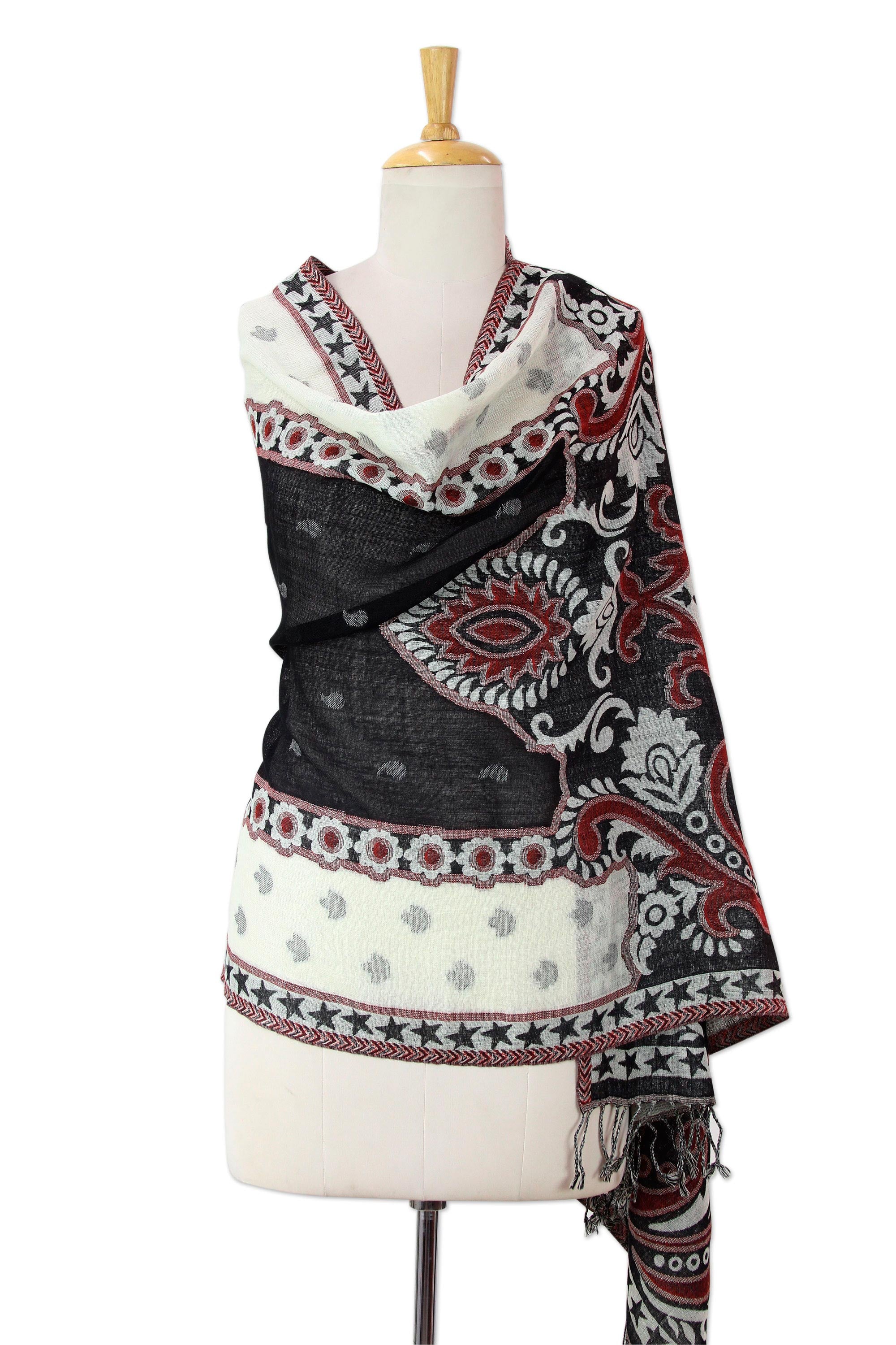 Agra Night Dramatic Indian Wool Shawl in Black and White with Red