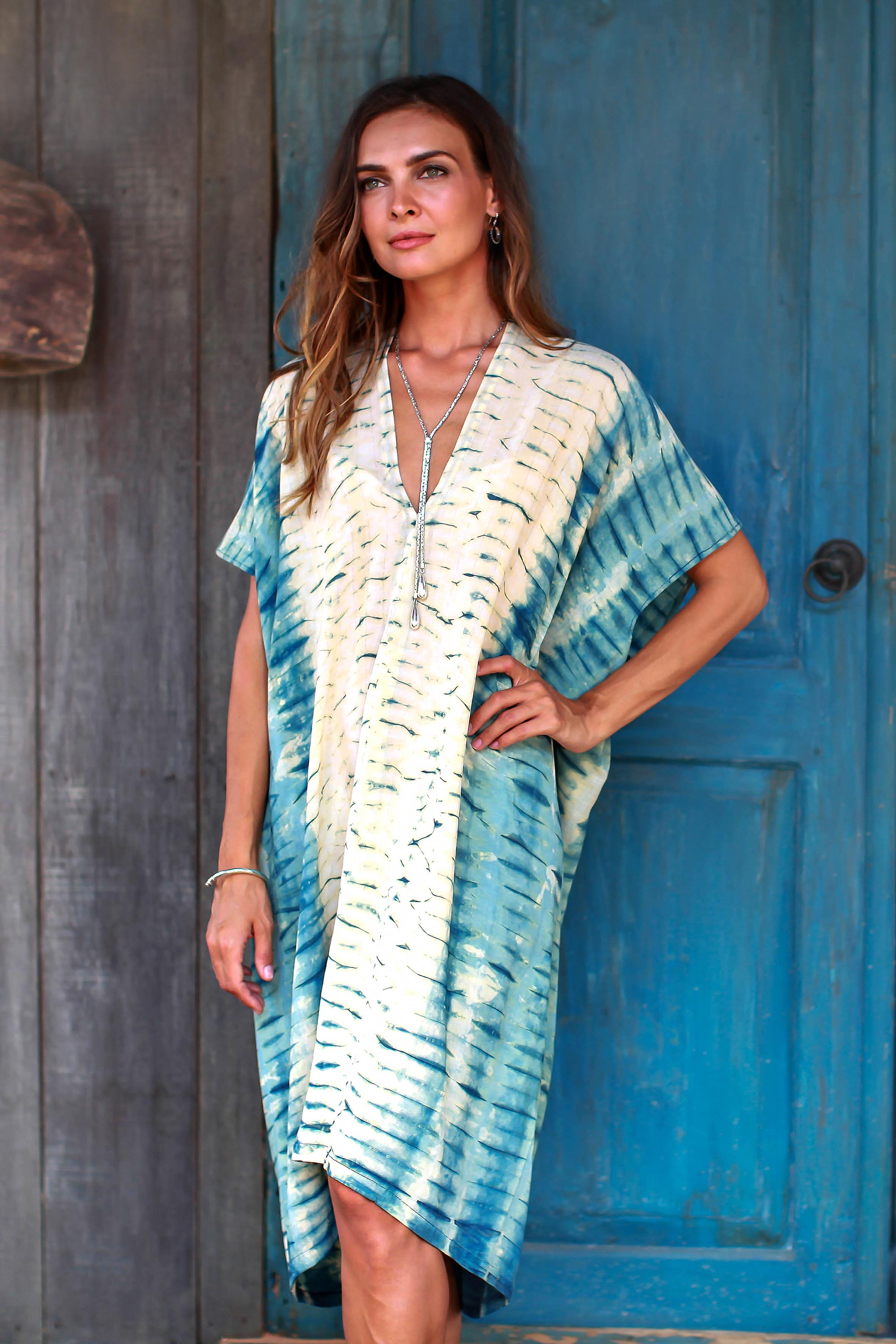 Segara Alit Blue and Eggshell Tie-Dyed Rayon Caftan from Java