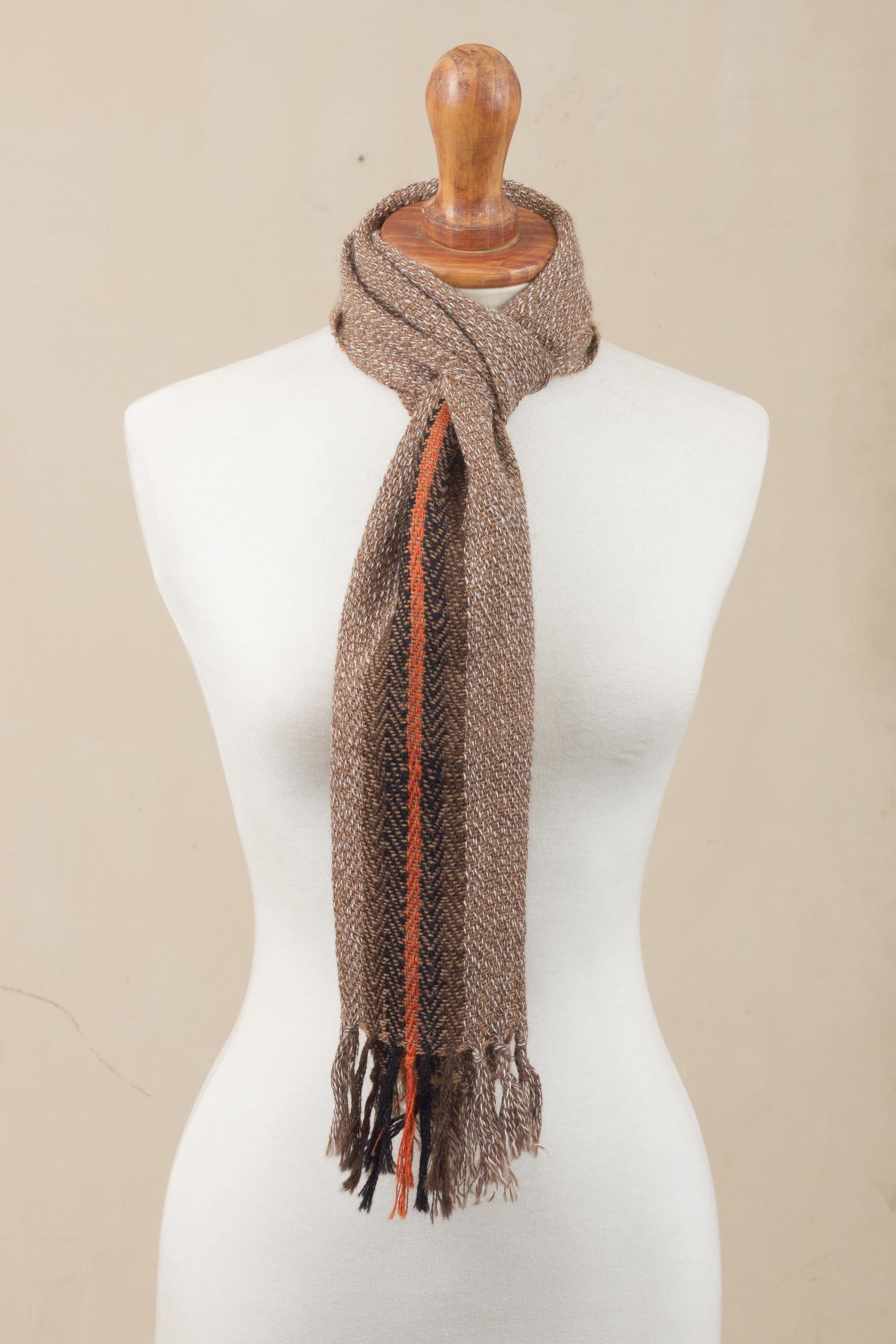 Ginger Contrast Ginger and Colorful 100% Alpaca Wrap Scarf from Peru