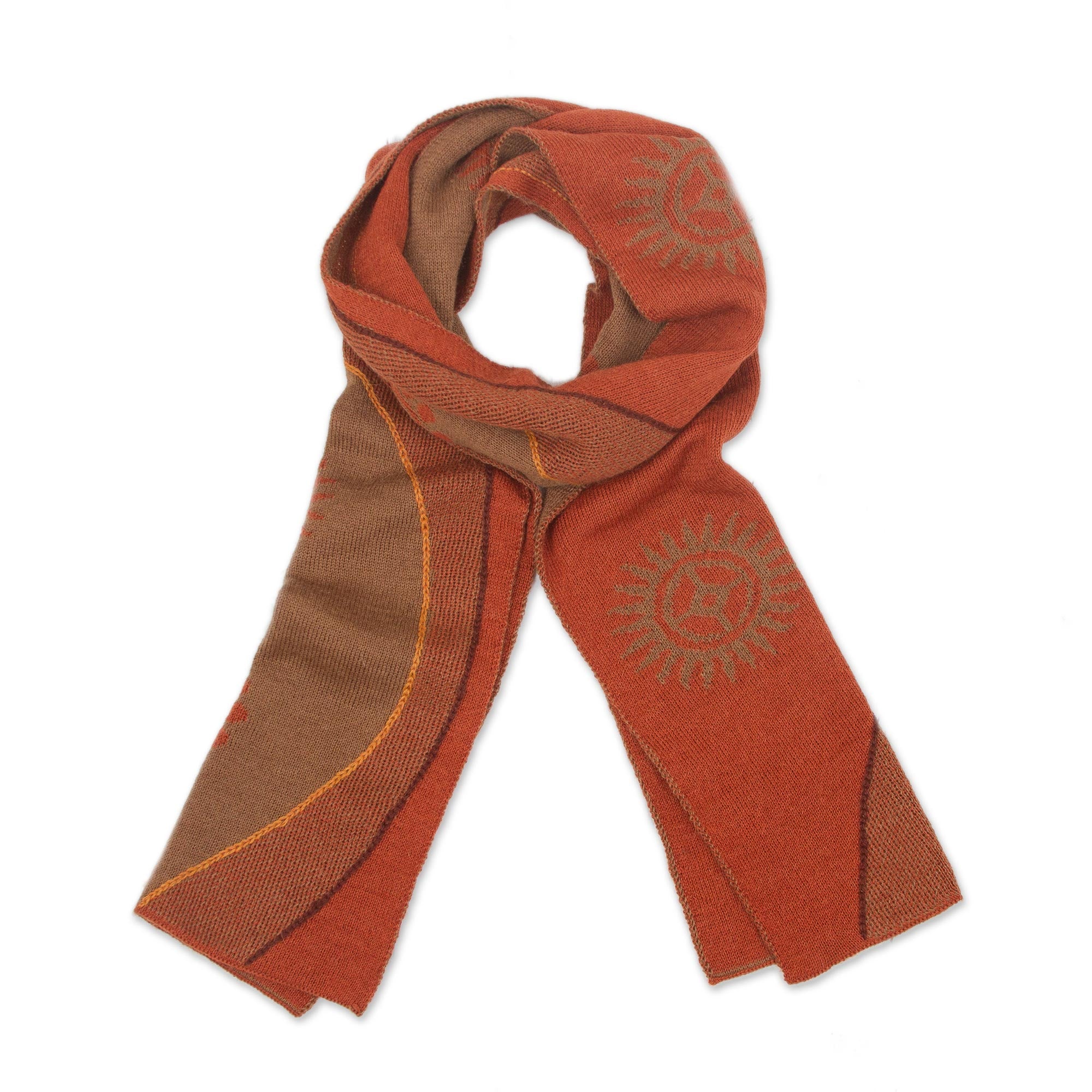 Pumpkin and Sepia Cosmovision Sun Motif Sepia and Pumpkin Alpaca Blend Scarf from Peru