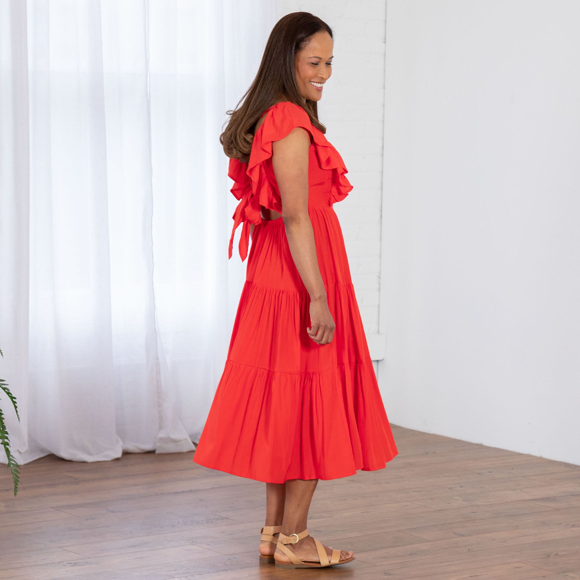 Open Back Ruffle Midi Dress