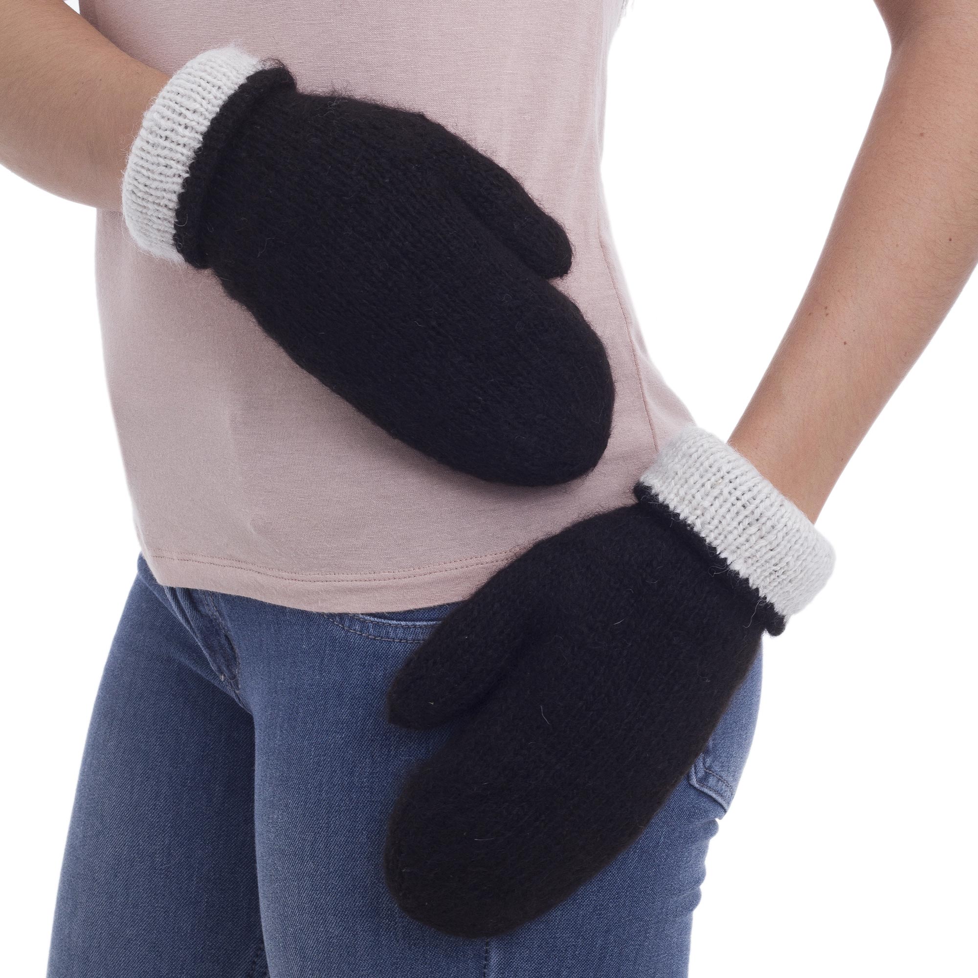 Striking Contrast Peruvian Reversible 100% Alpaca Black and Eggshell Mittens