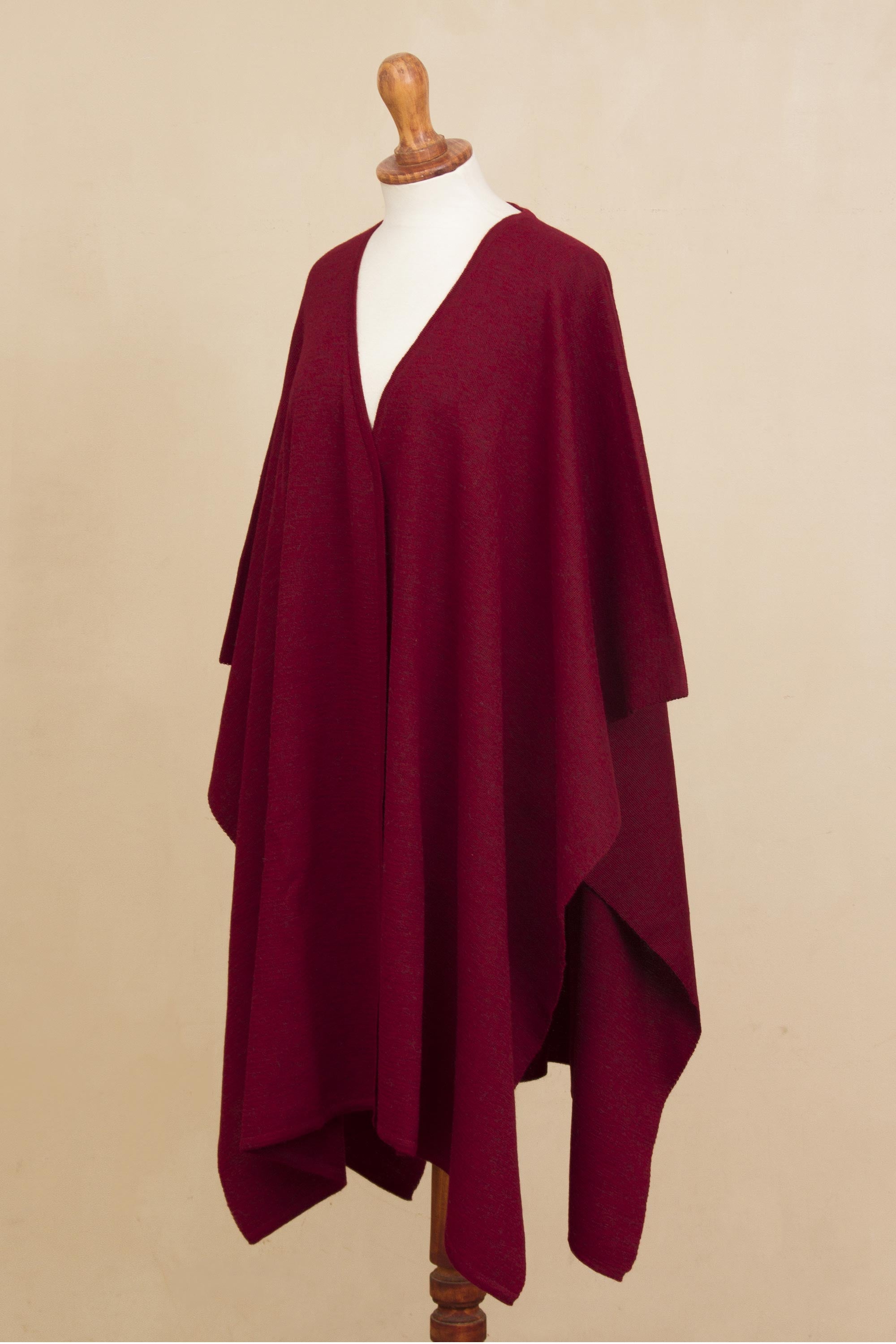 Elegant Fashion in Claret Knit Alpaca Blend Ruana in Claret from Peru