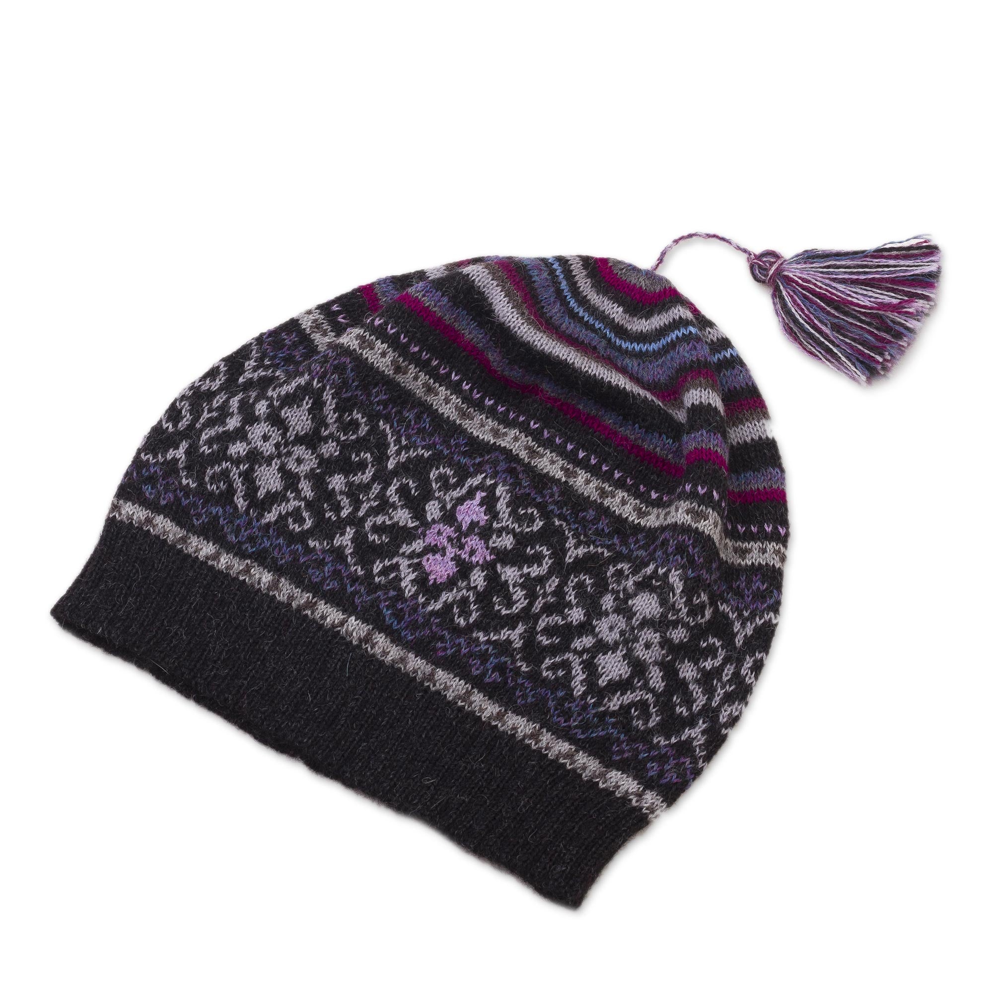 Sierra Charcoal Tasseled 100% Alpaca Knit Hat in Charcoal