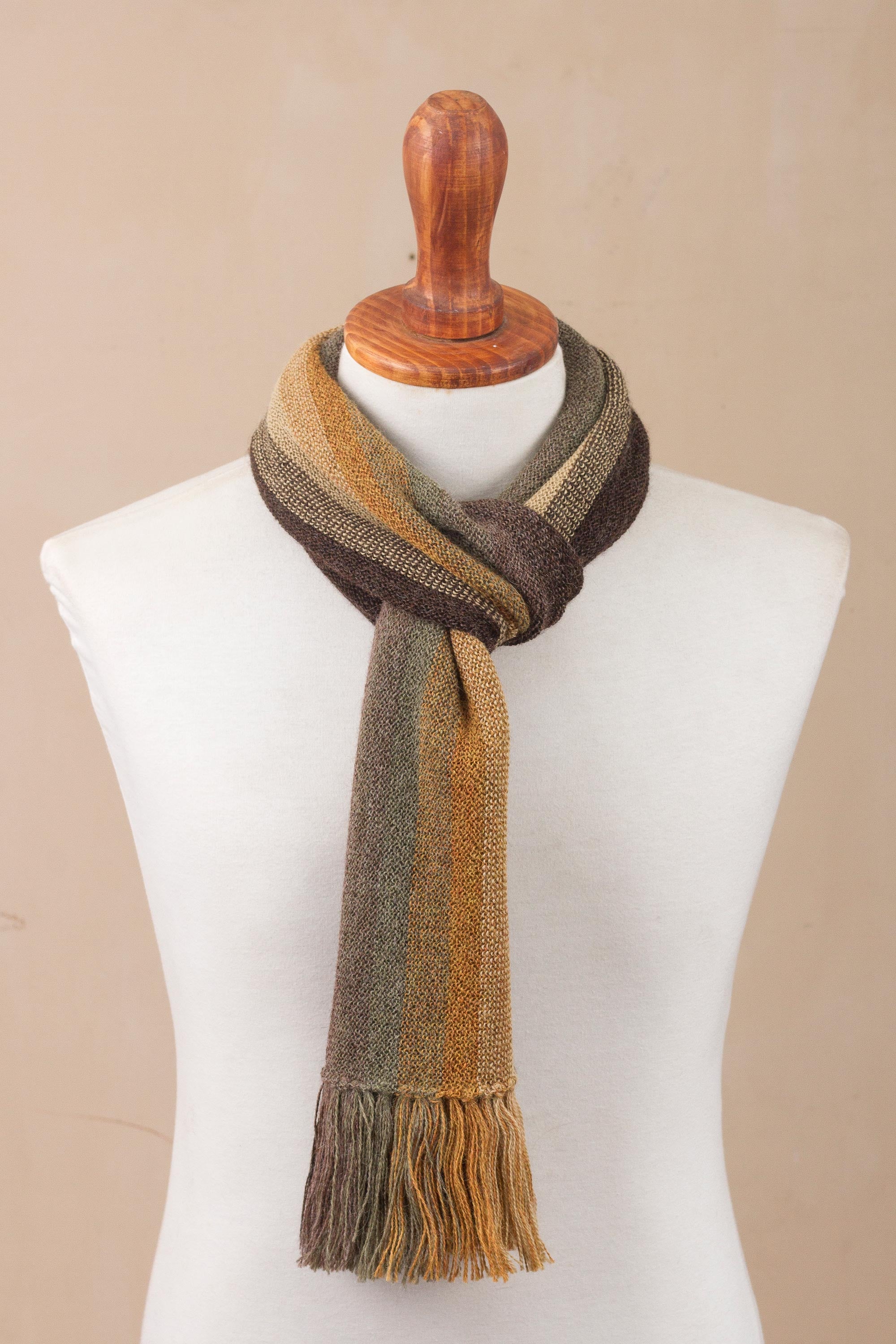 Cliffside Stripes Shades of Brown and Sage Green 100% Alpaca Knit Scarf