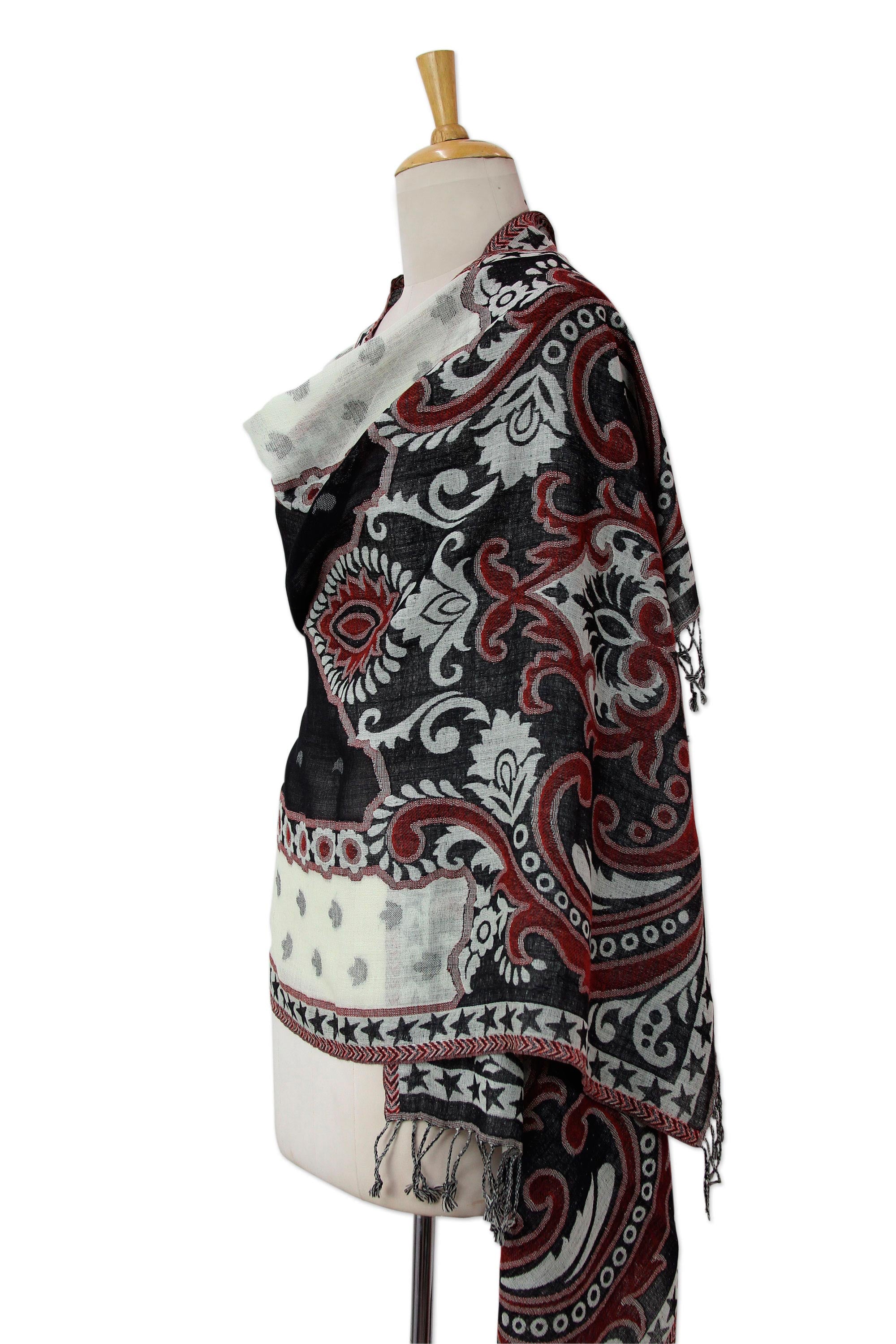 Agra Night Dramatic Indian Wool Shawl in Black and White with Red