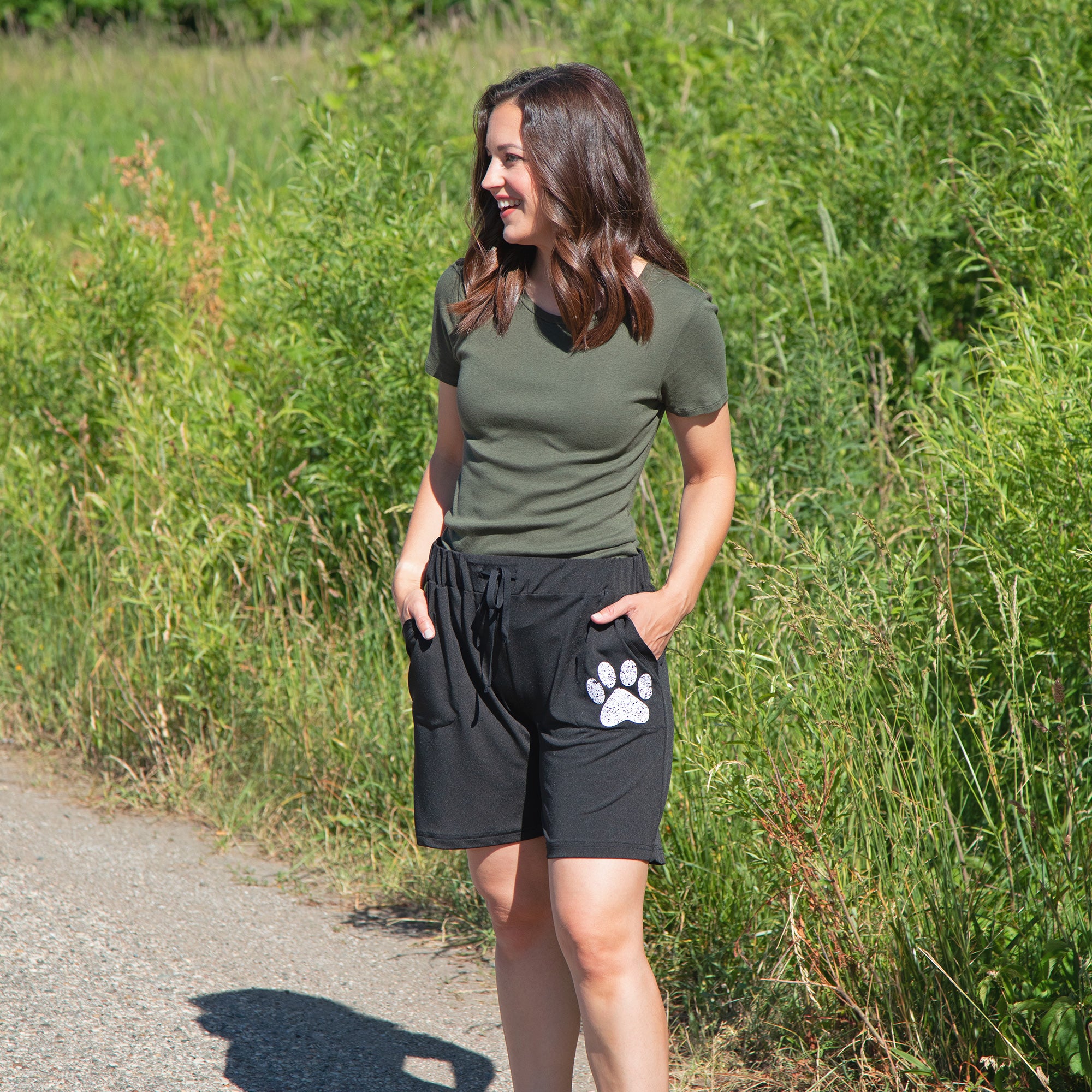 Women's Black Drawstring Paw Bermuda Shorts