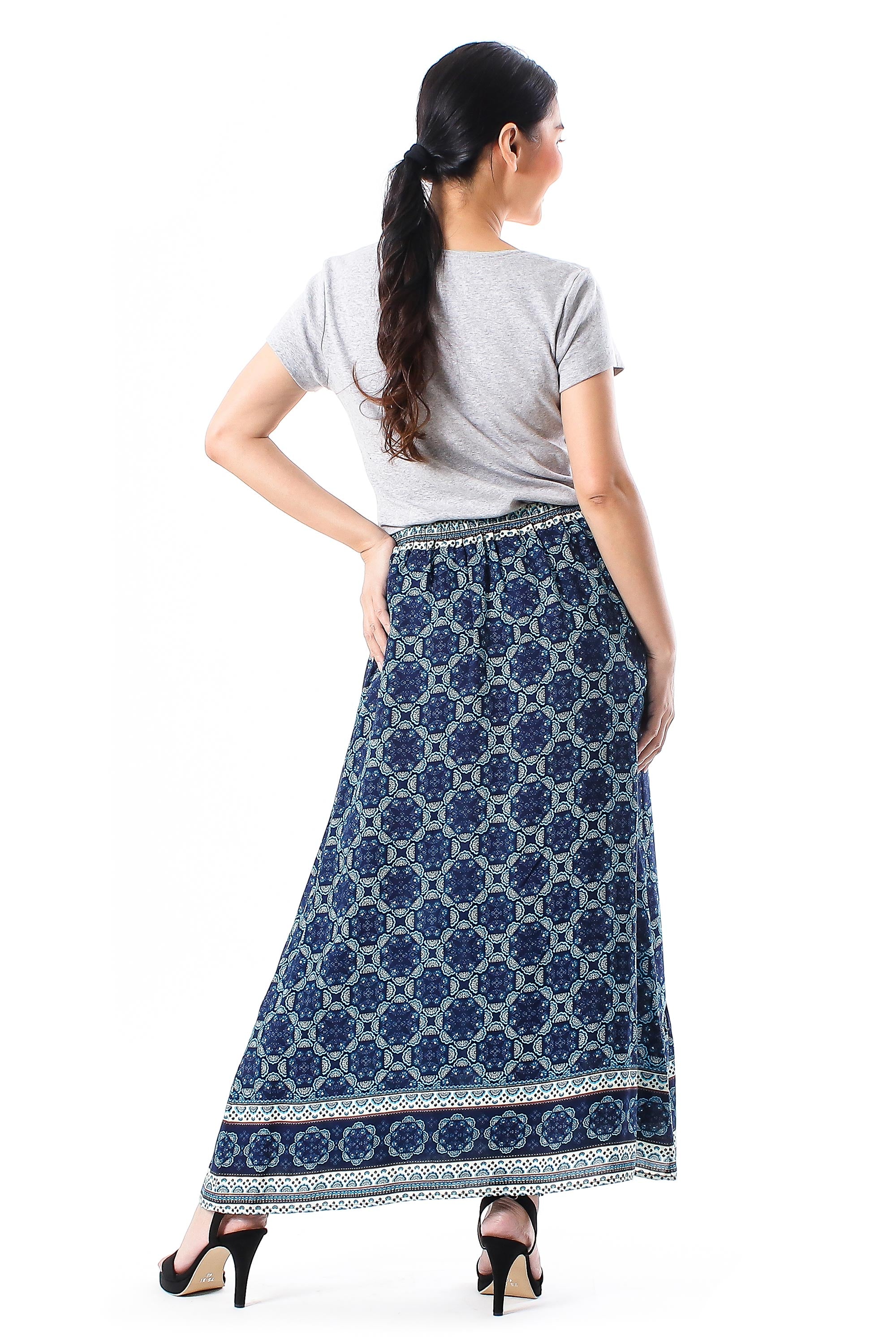 Fascinating Evening Floral Motif Rayon Skirt in Blue from Thailand