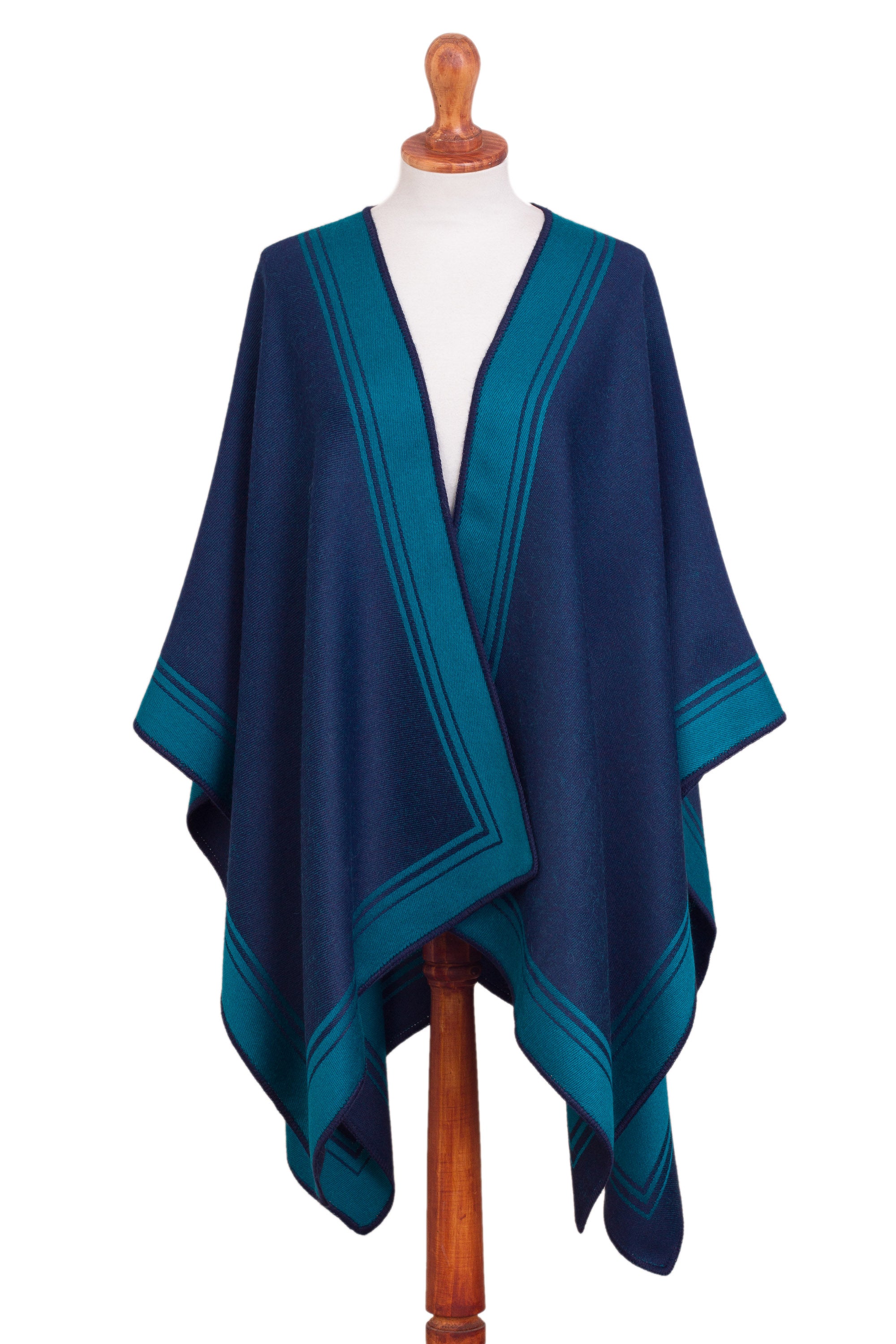 Delightful Fantasy in Teal Reversible Alpaca Blend Ruana in Navy and Teal