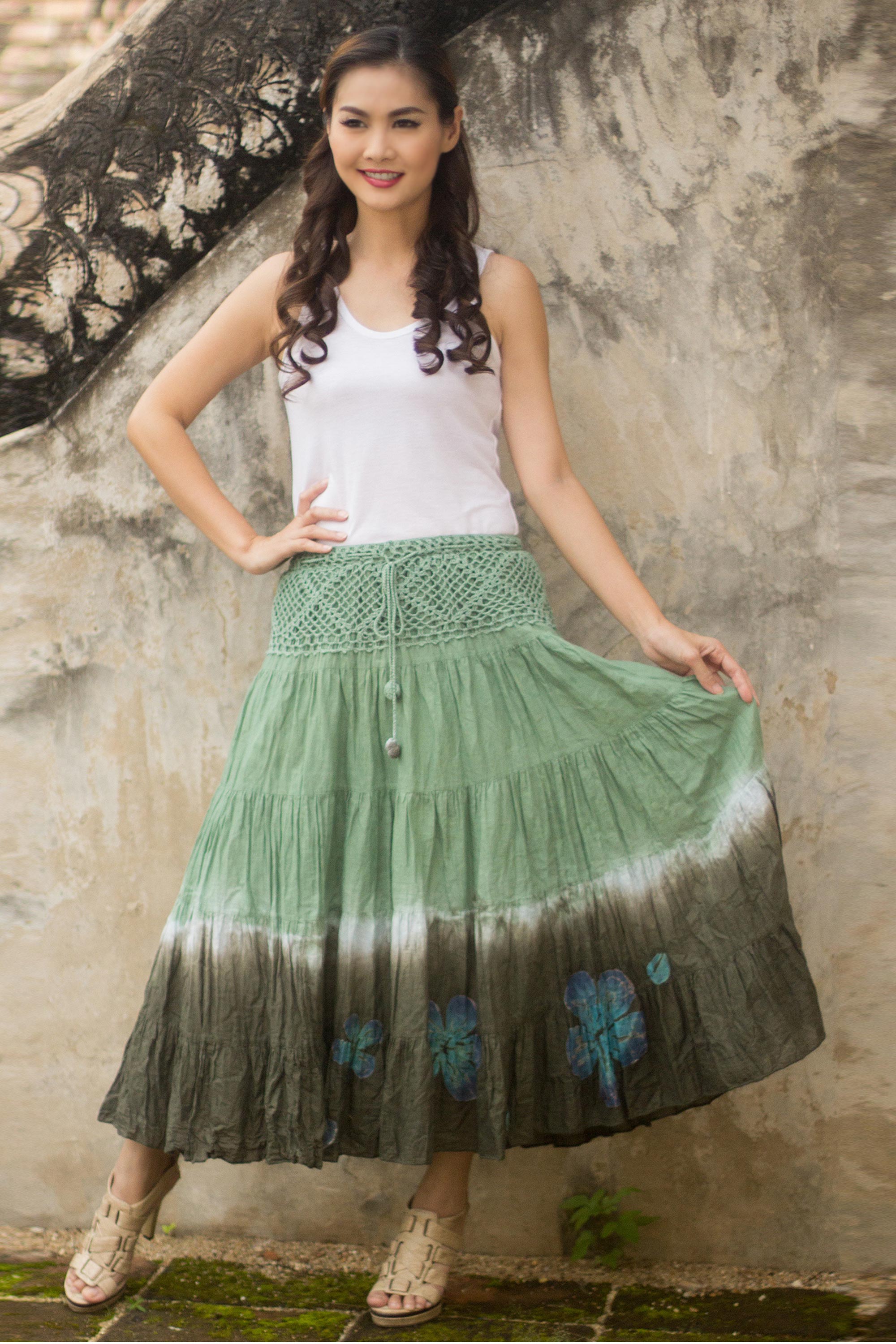 Green Boho Chic Long Cotton Batik and Crochet Skirt from Thailand