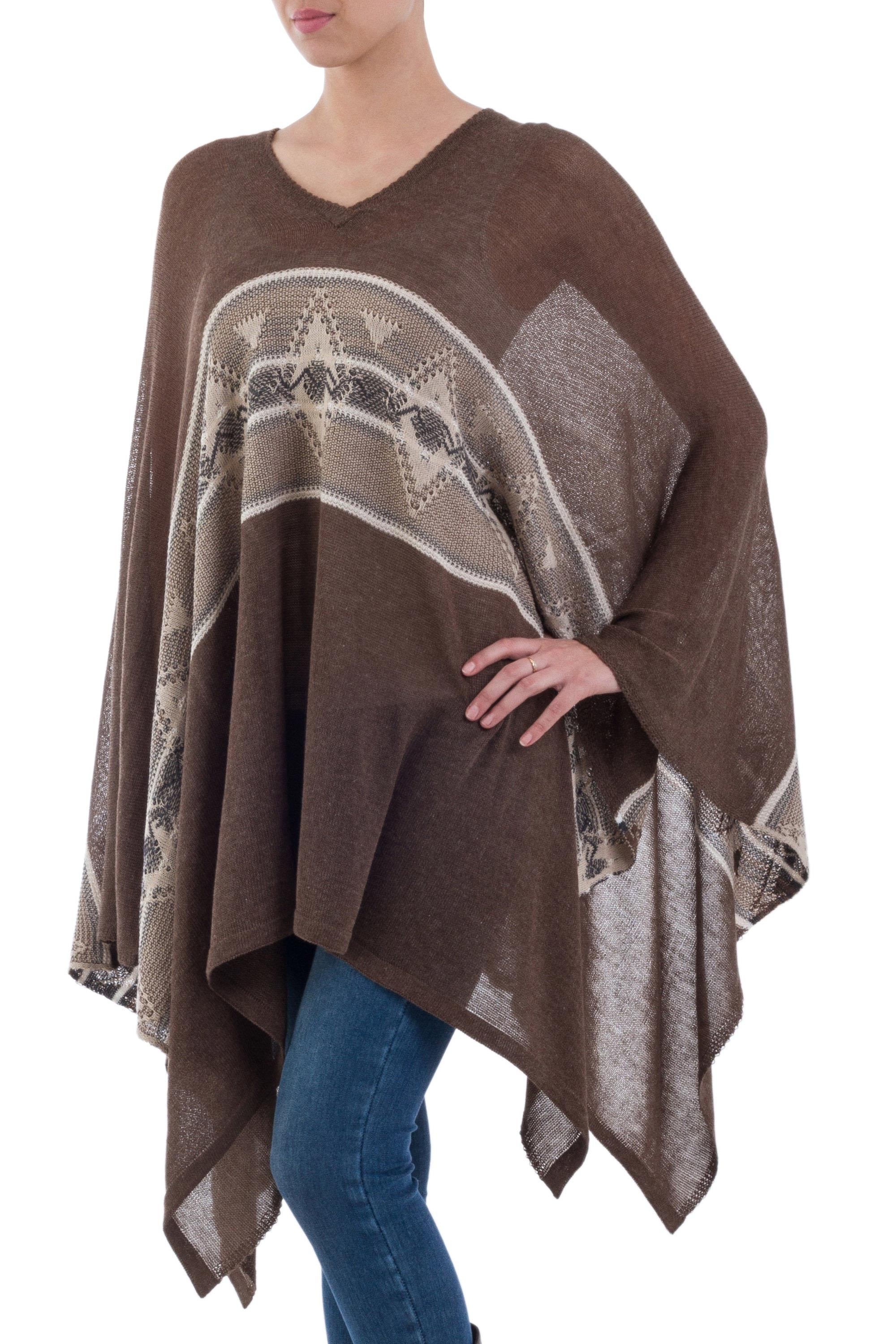 Brown Inca Woven Dark Brown Poncho with Stripe from Peru